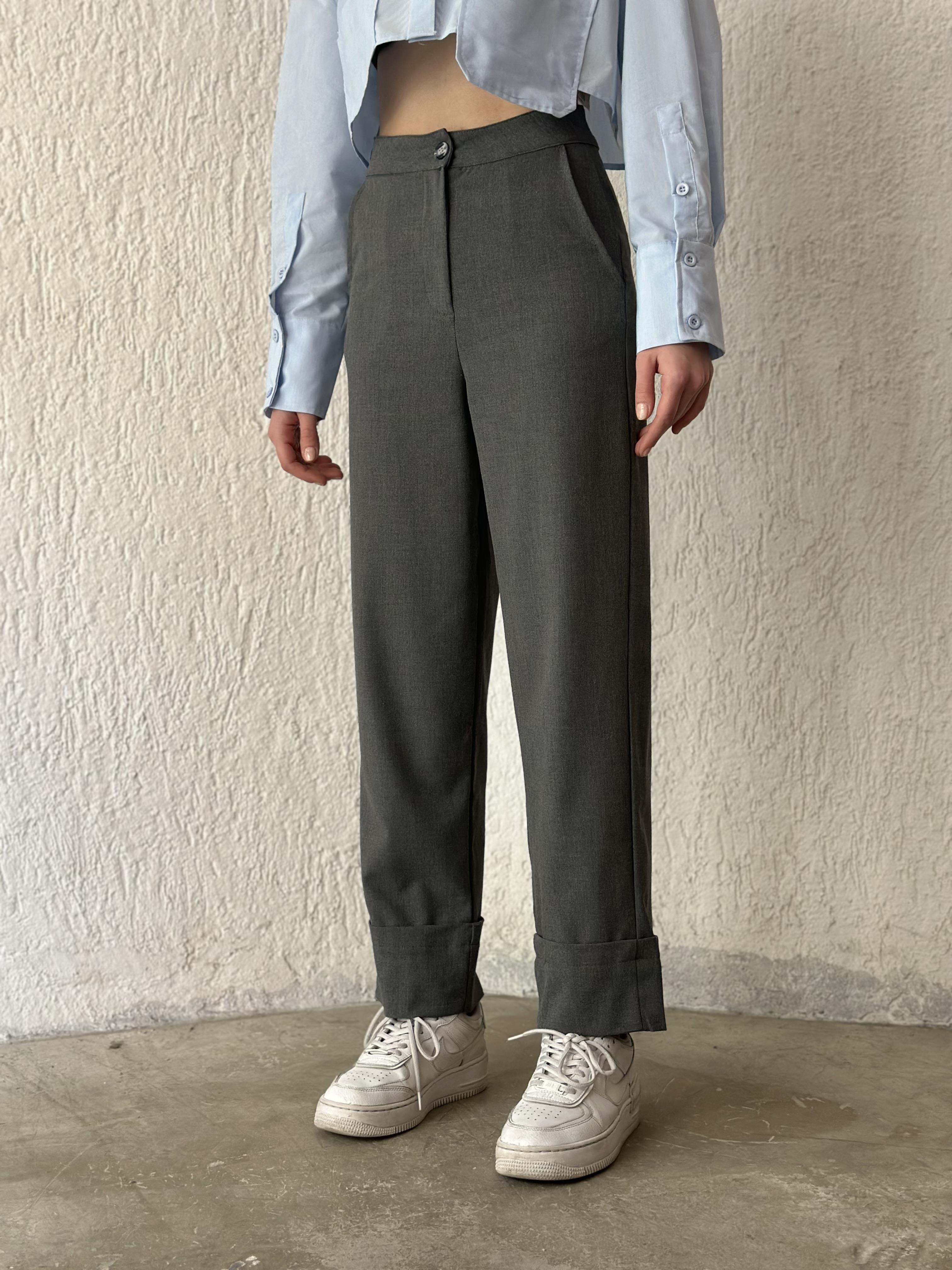 Premium Katlı Paça Kumaş Pantolon - Füme
