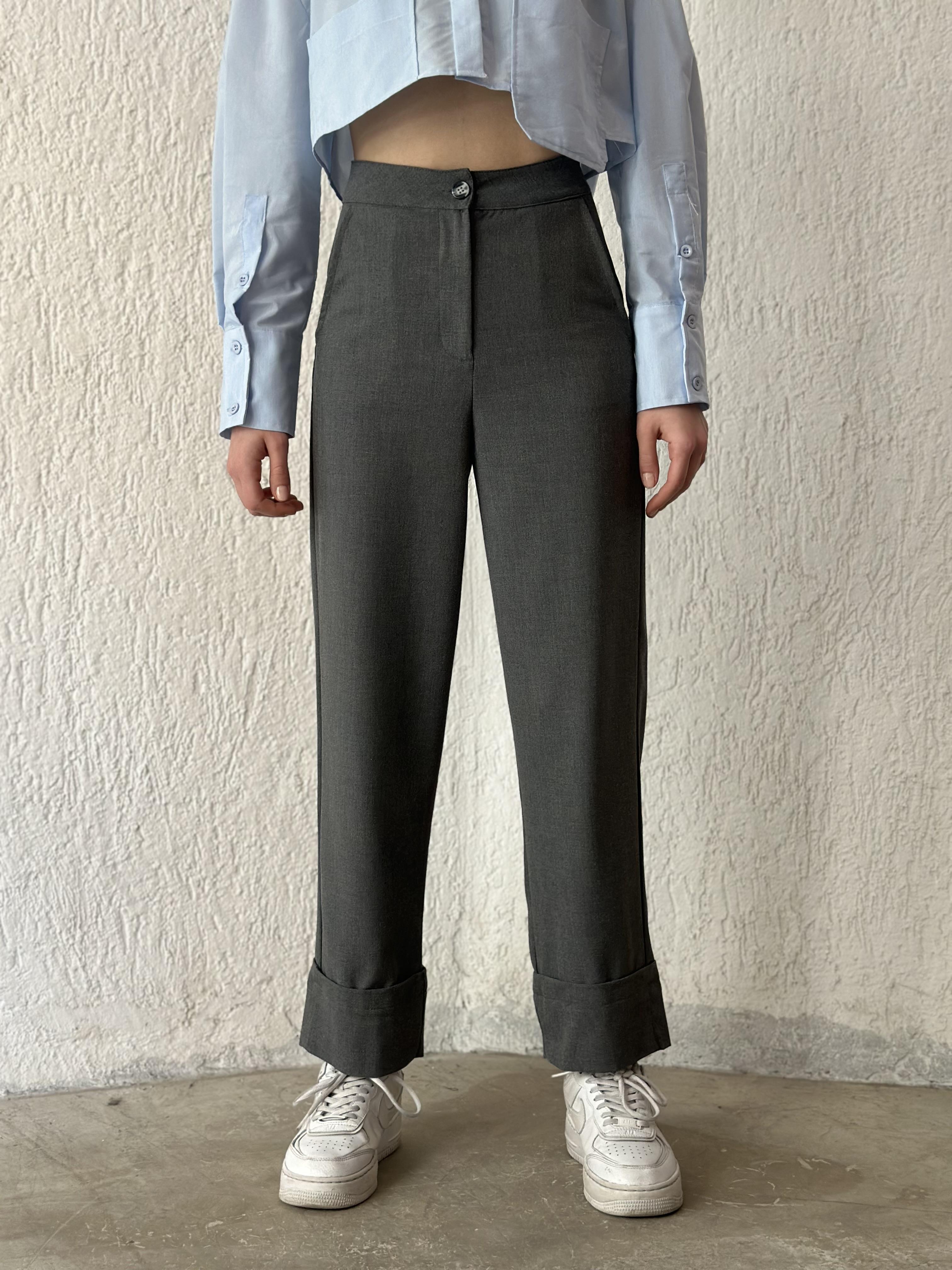 Premium Katlı Paça Kumaş Pantolon - Füme