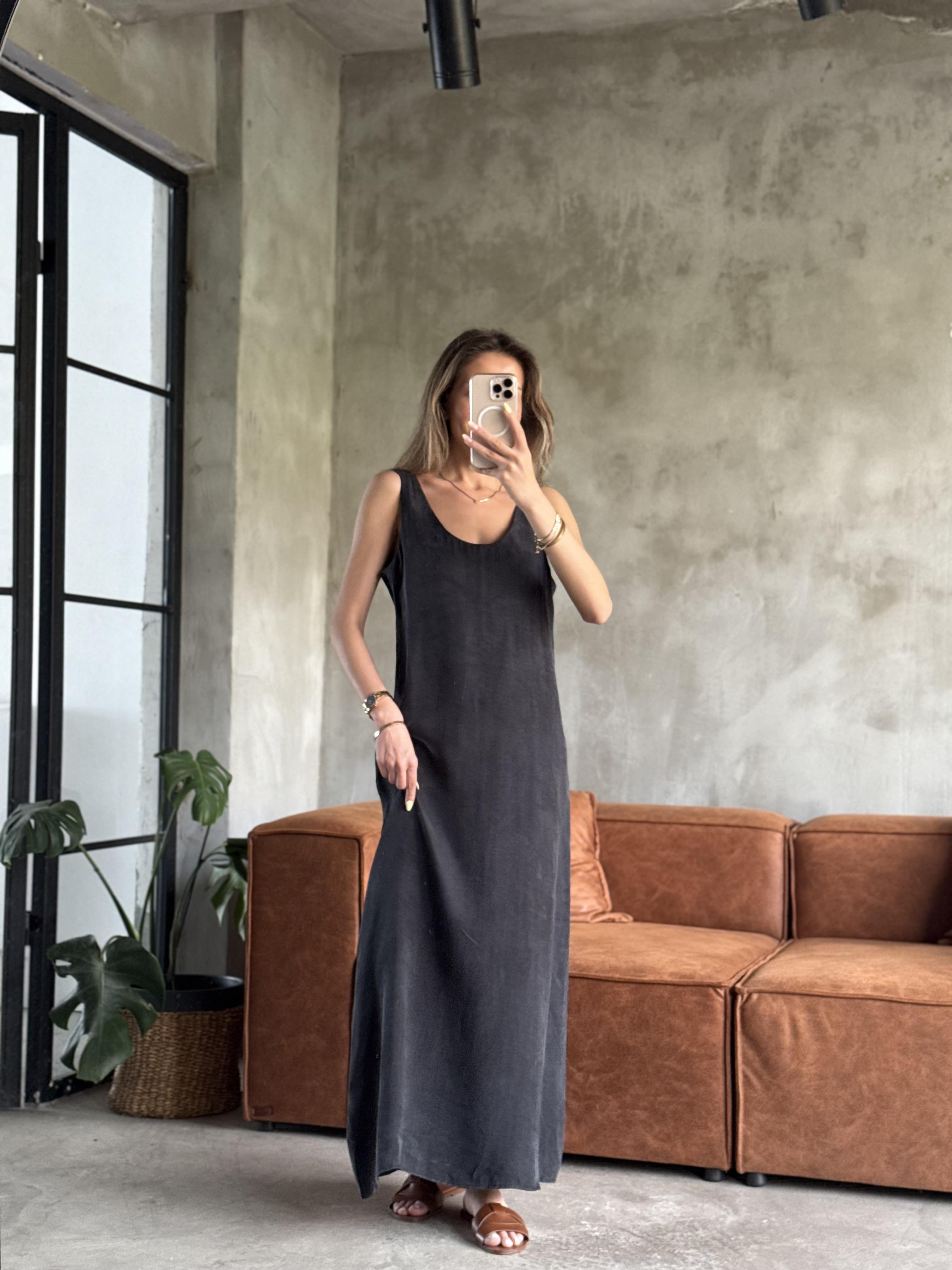Premium Kumaş Maxi Dökümlü Elbise Siyah