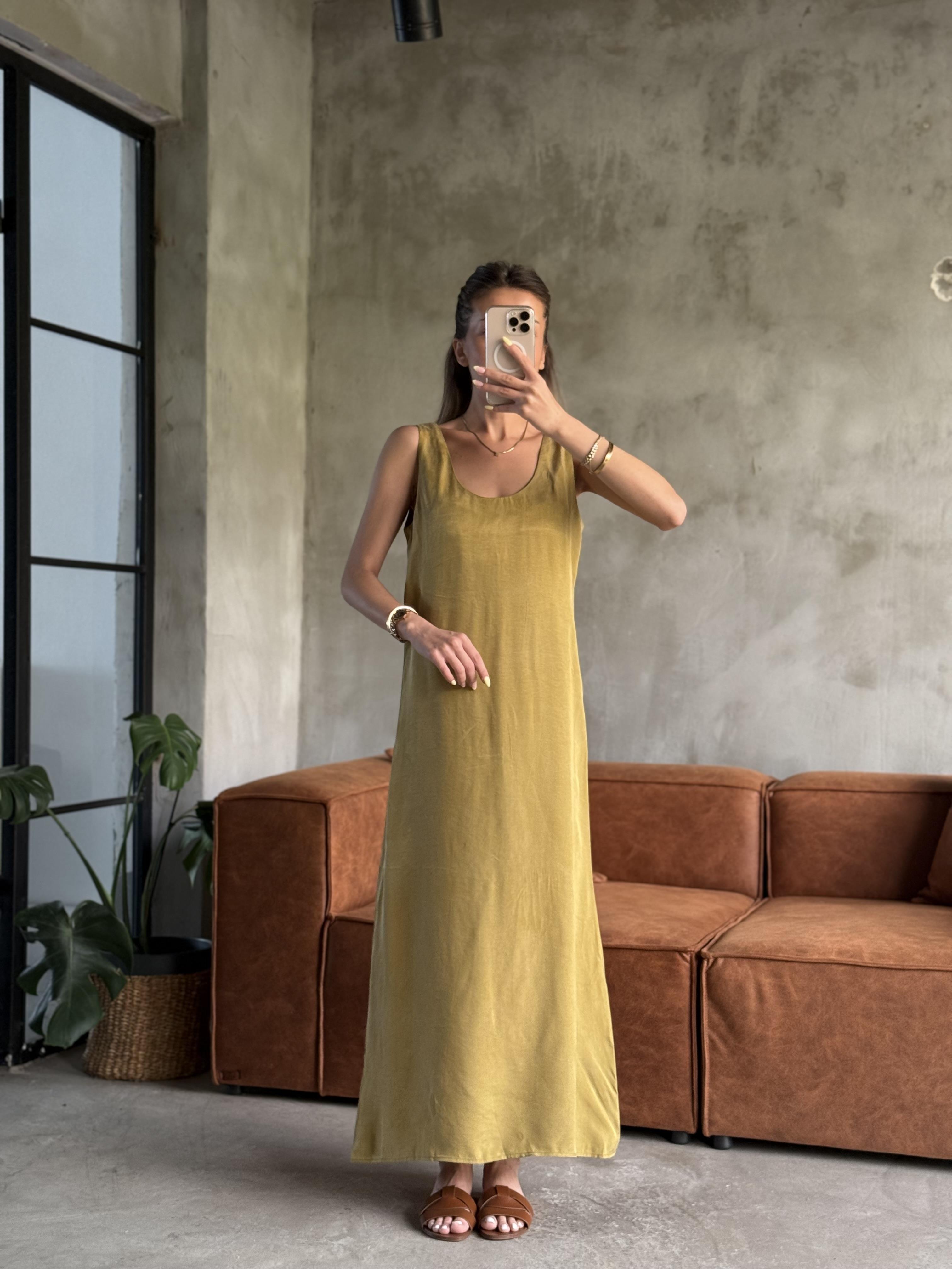 Premium Kumaş Maxi Dökümlü Elbise Yağ Yeşili