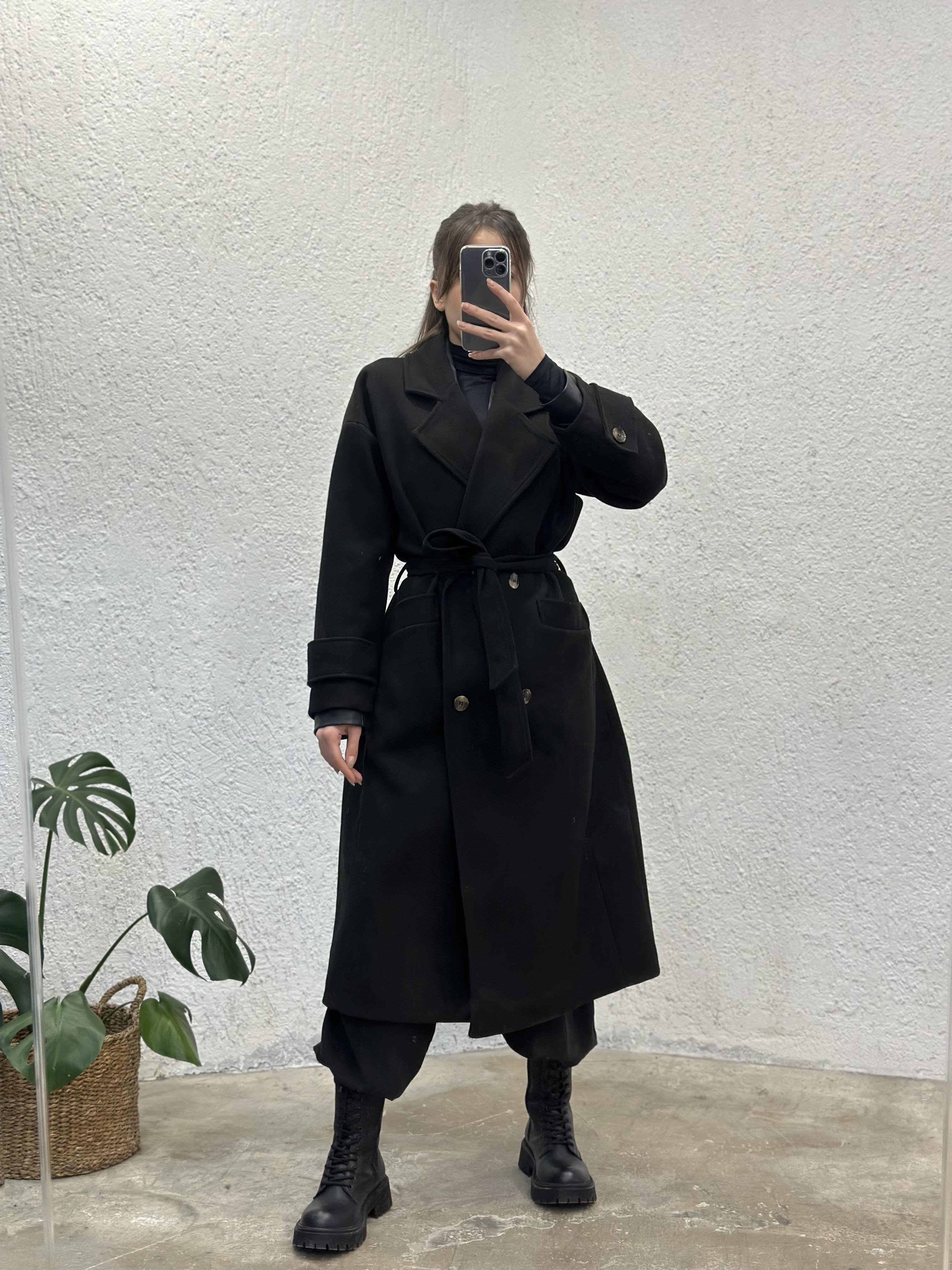 Premium Oversize Düğme ve Kuşaklı , Kaşe Kaban