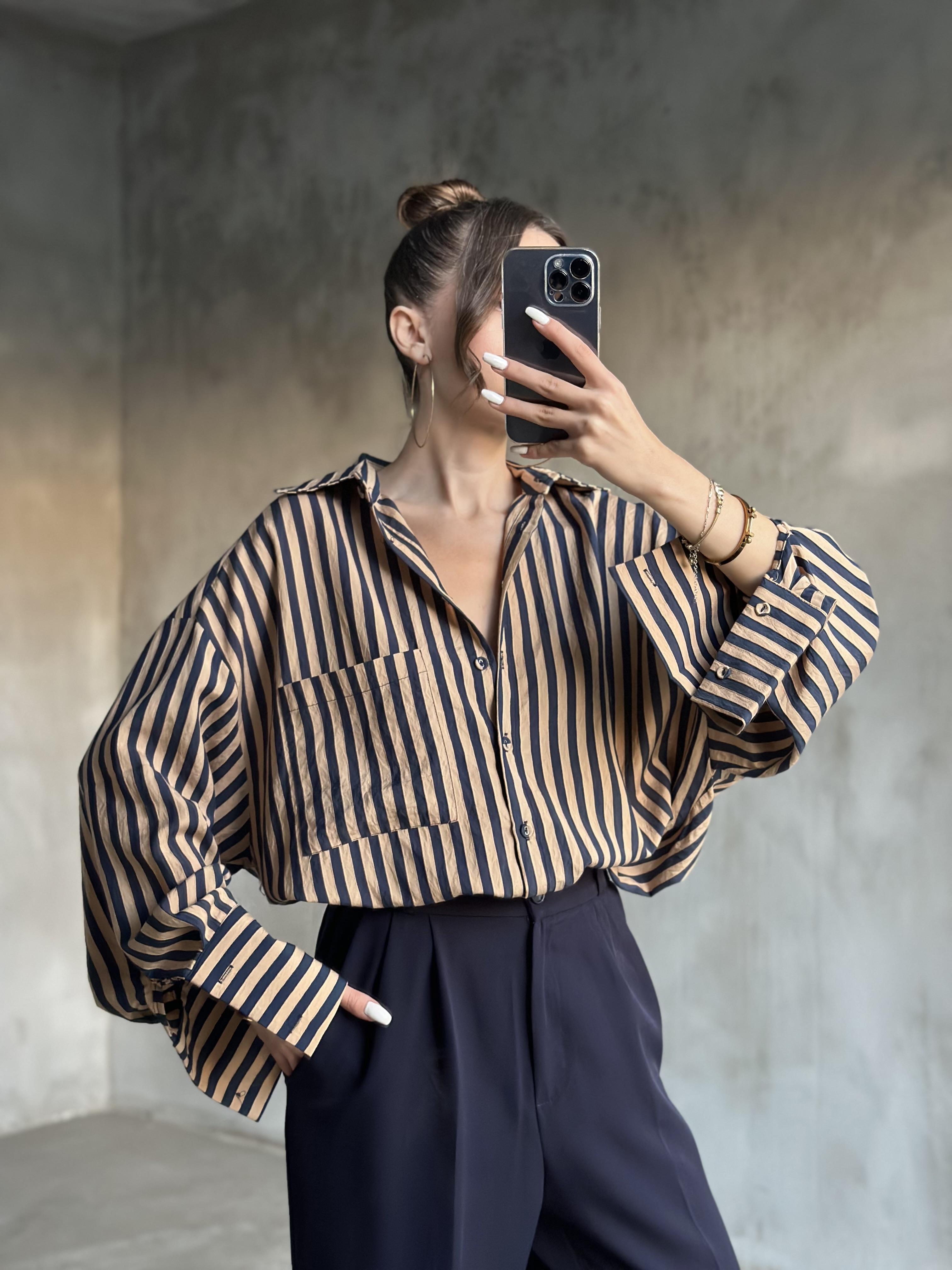 Premium Oversize Lacivert Çizgili Gömlek