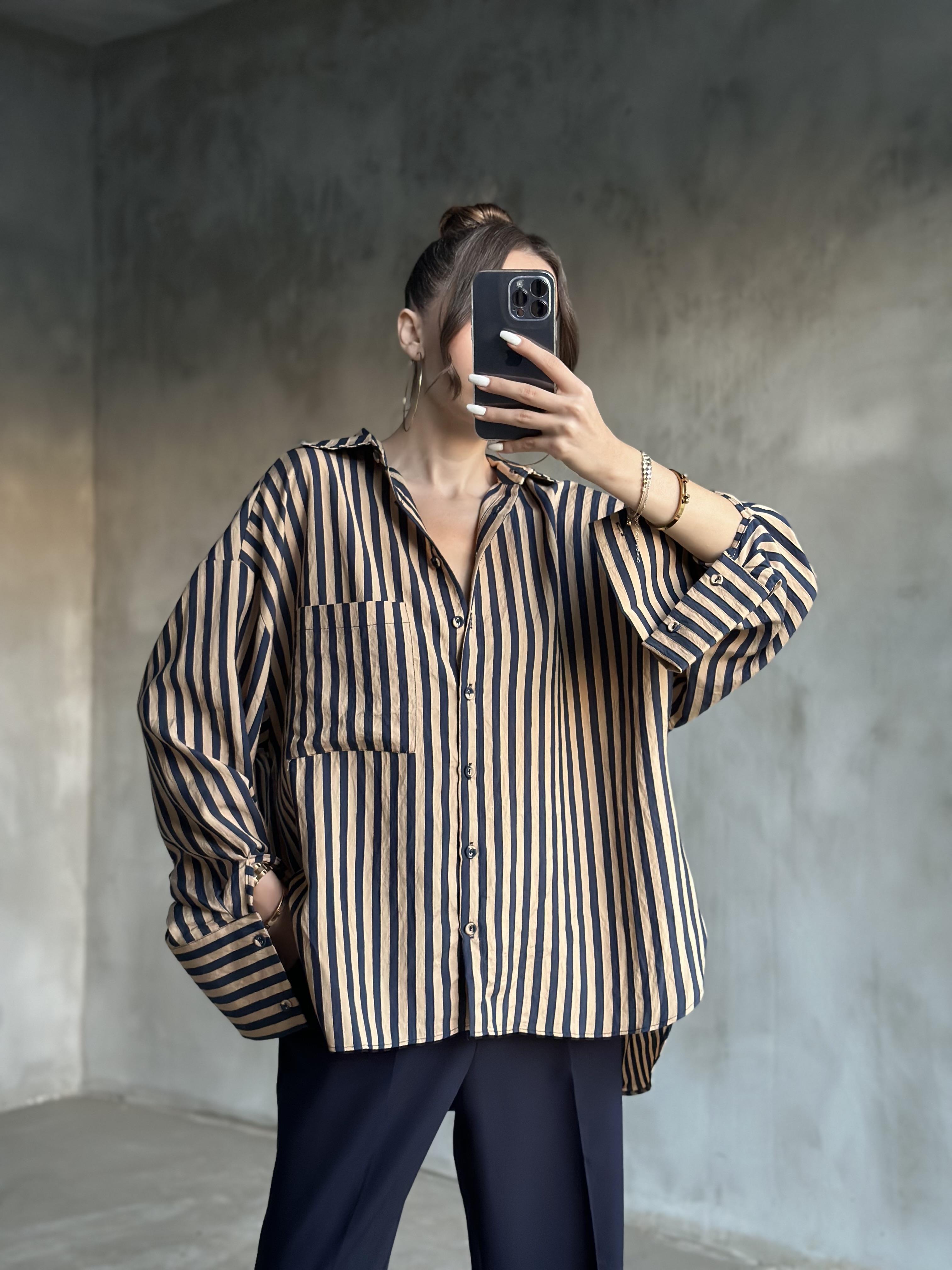 Premium Oversize Lacivert Çizgili Gömlek