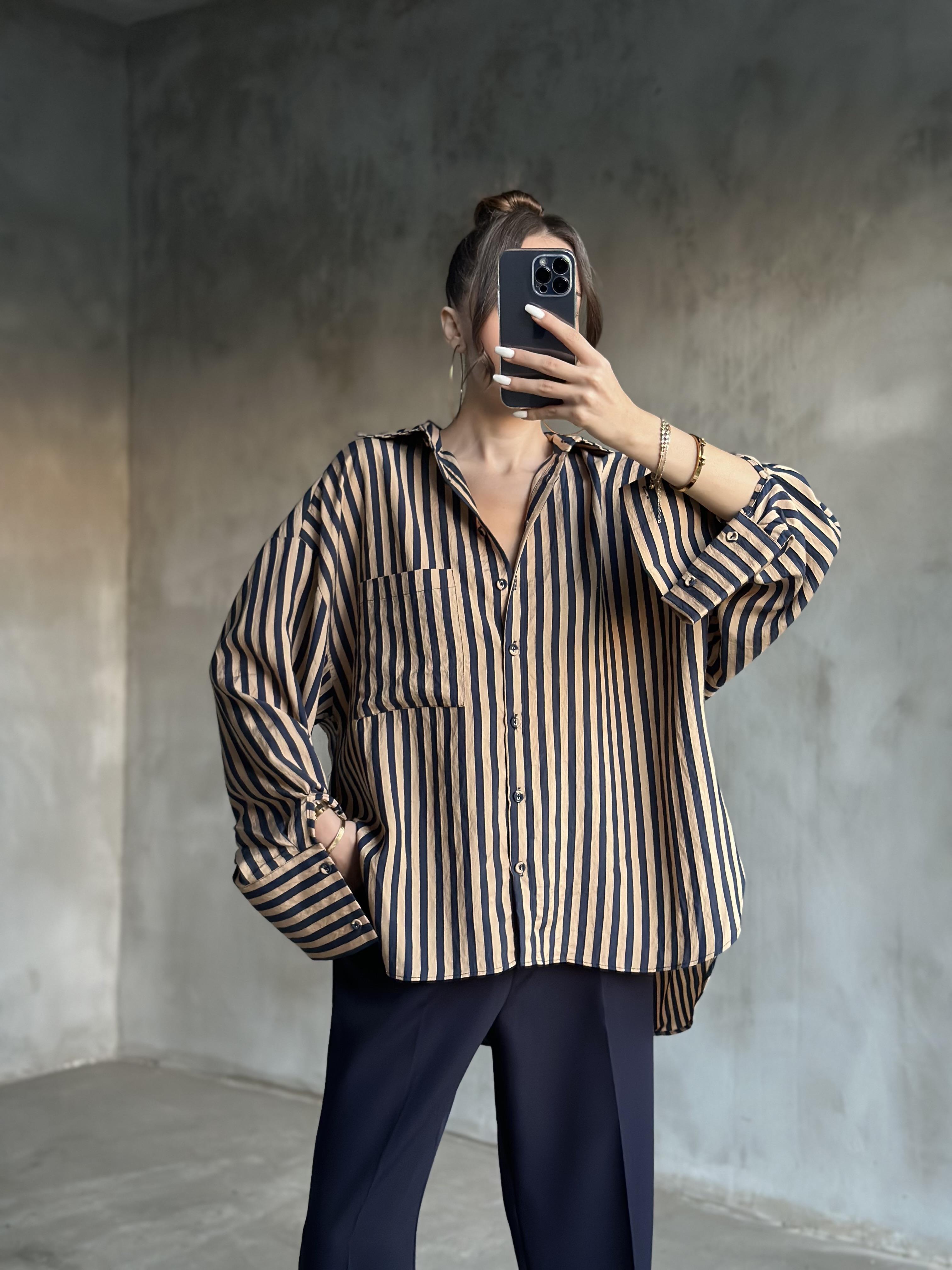 Premium Oversize Lacivert Çizgili Gömlek