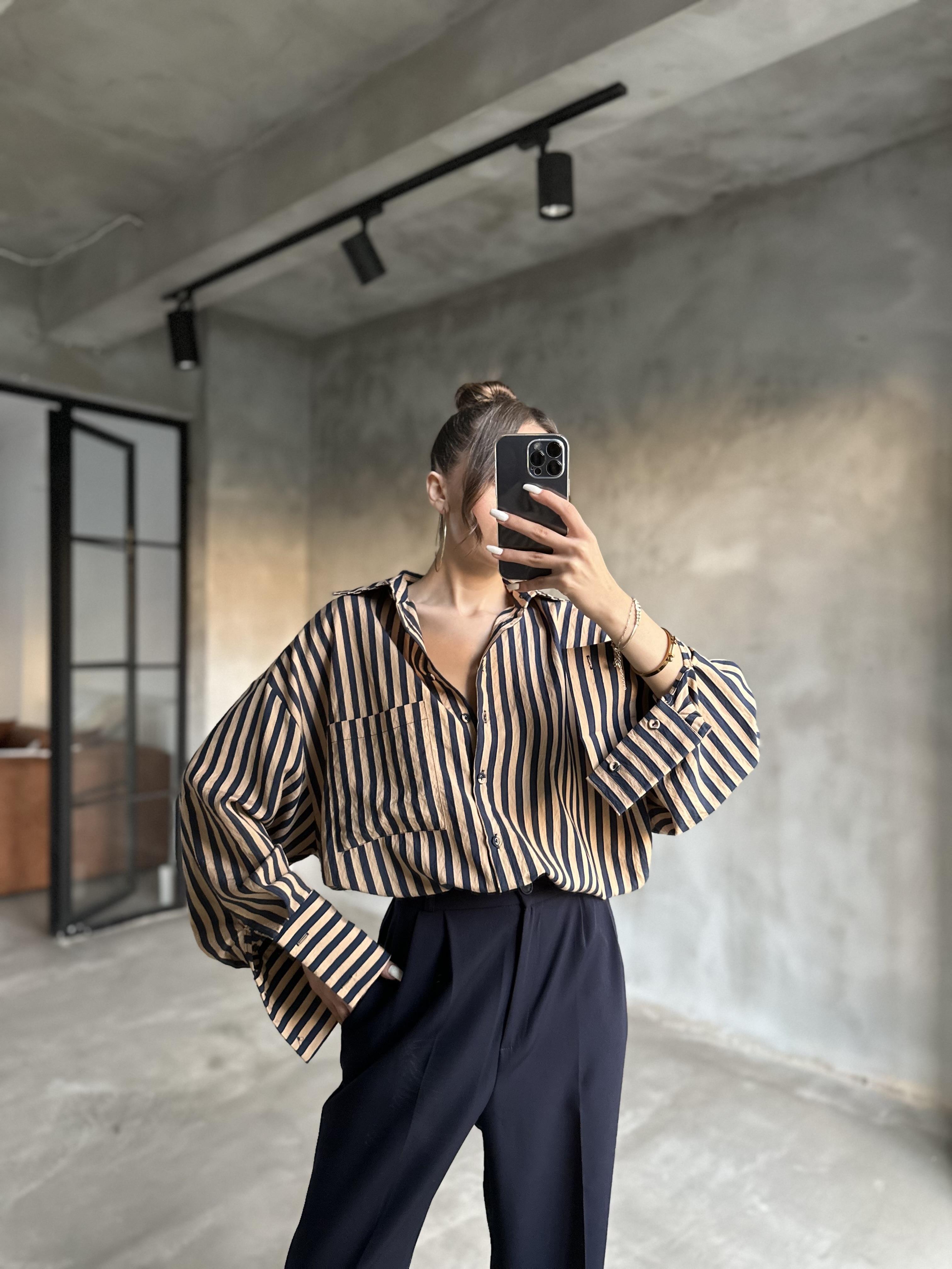 Premium Oversize Lacivert Çizgili Gömlek