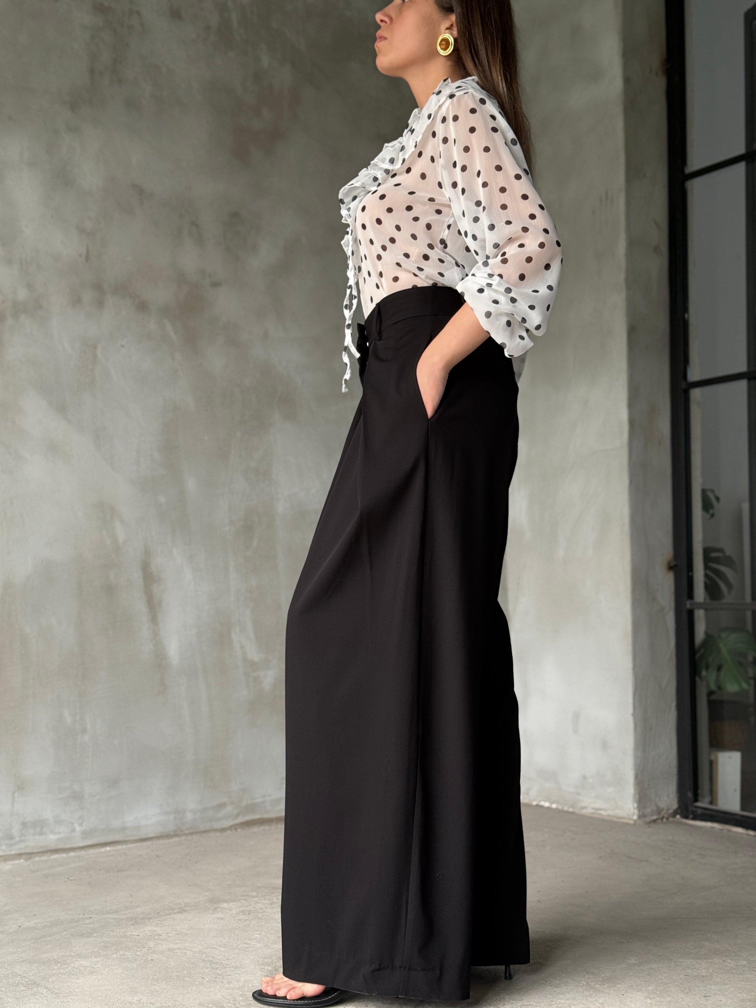 Premium Pileli Palazzo Pantolon - Siyah