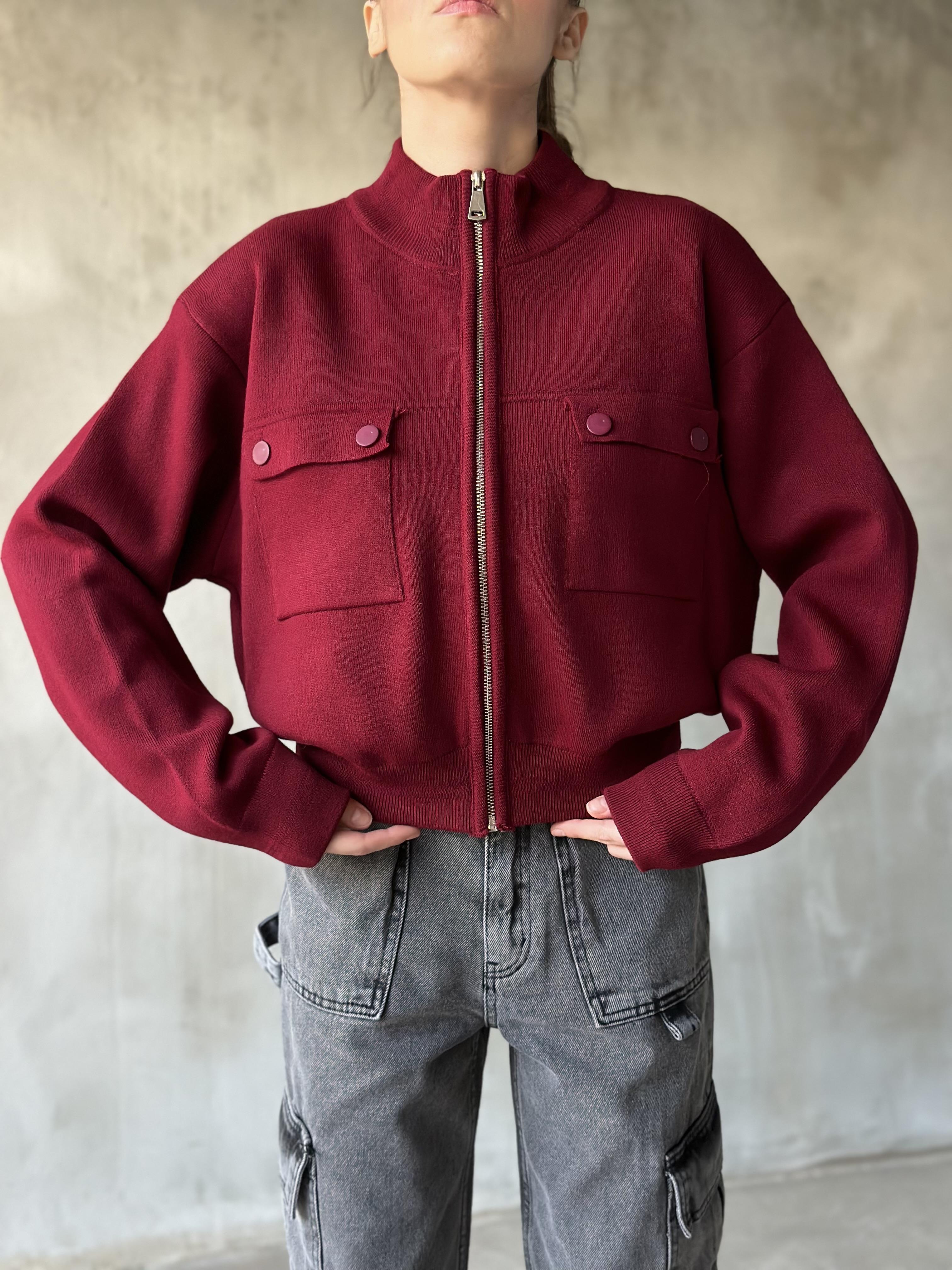 Premium Triko Bomber Ceket - Bordo