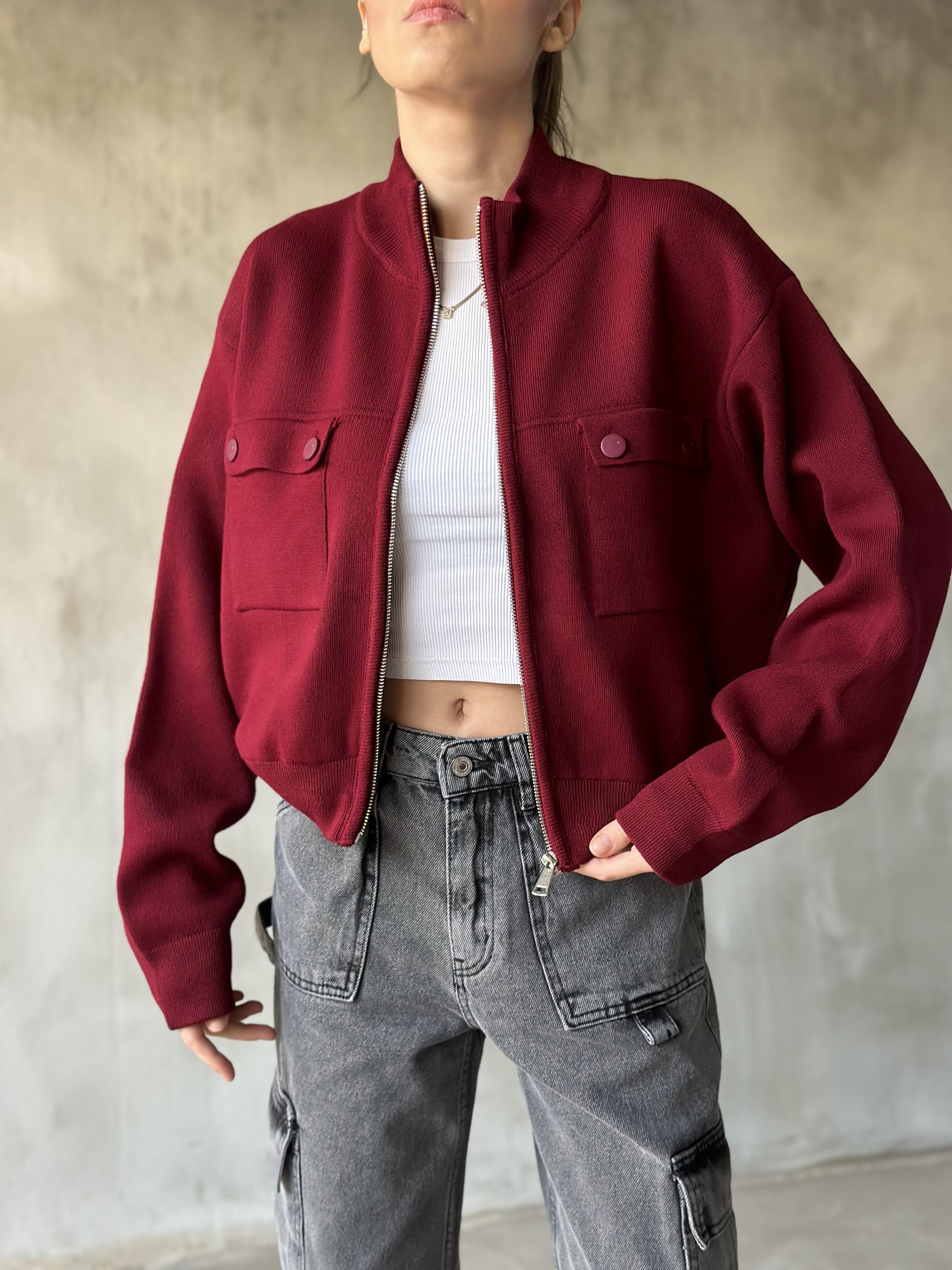 Premium Triko Bomber Ceket - Bordo