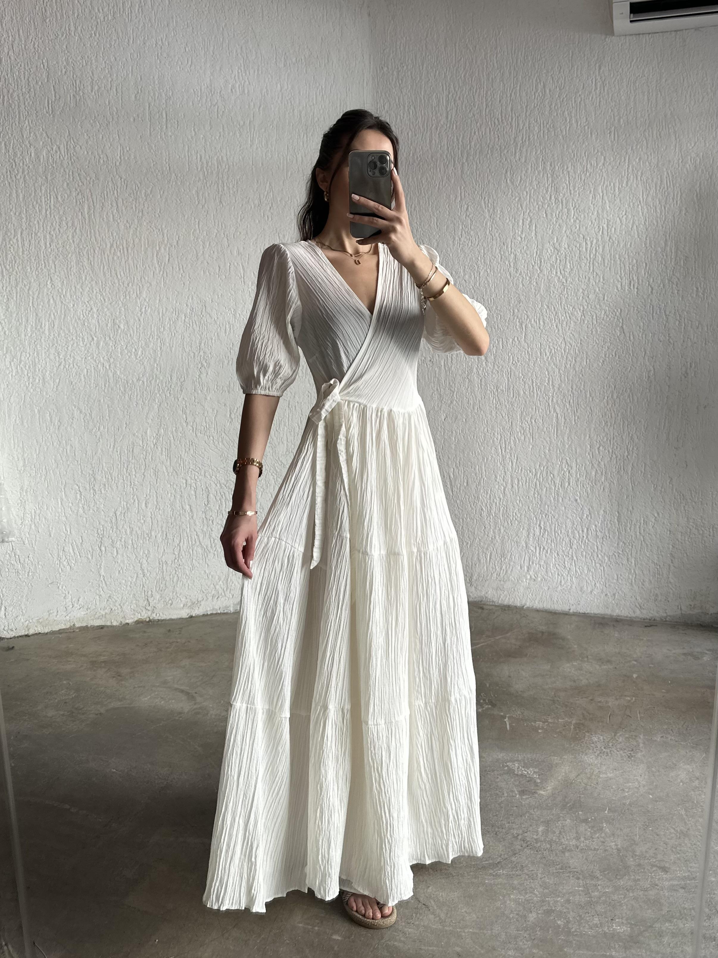 Sandy Kruvaze Kısa Kollu Elbise - Beyaz - Dominatrend