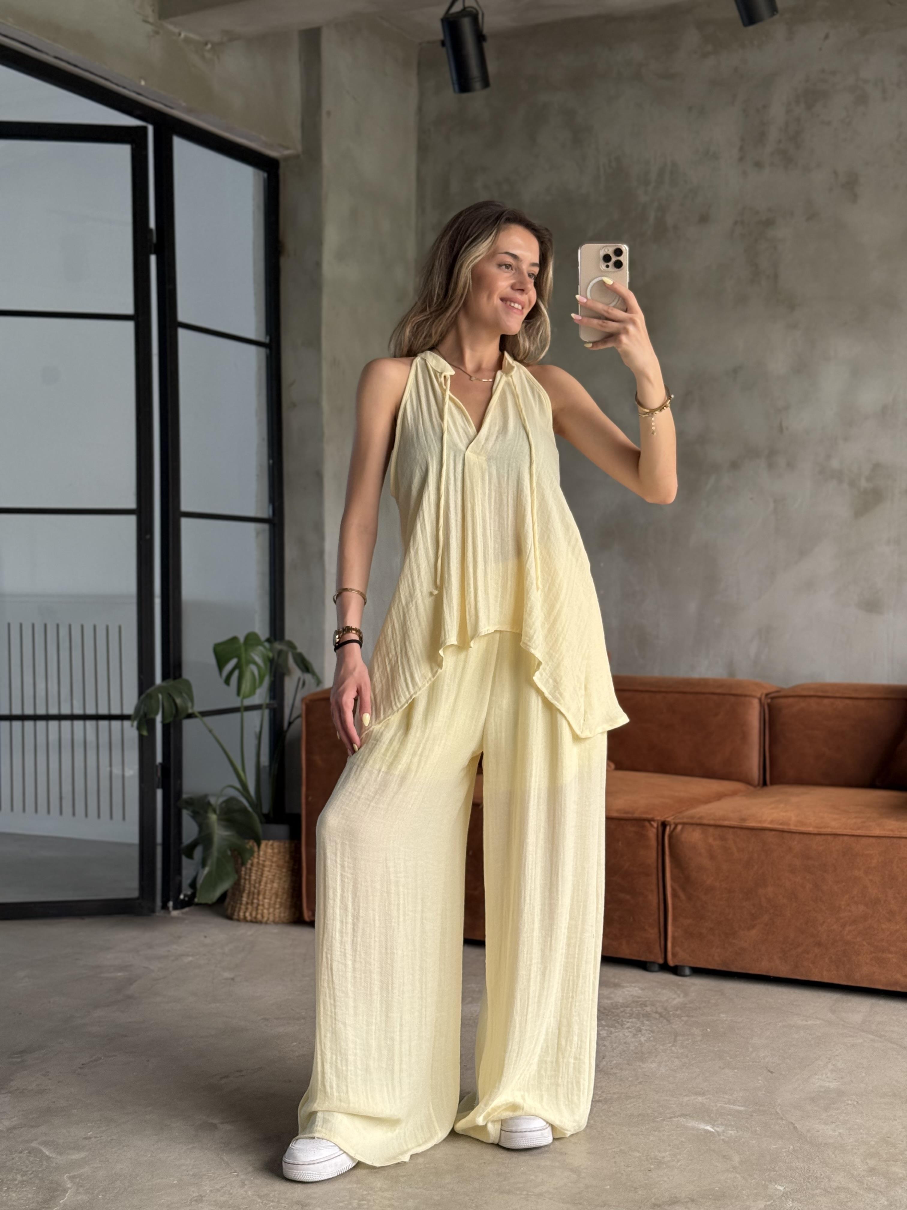 Sarı Premium Polly Bluzlu Takım 