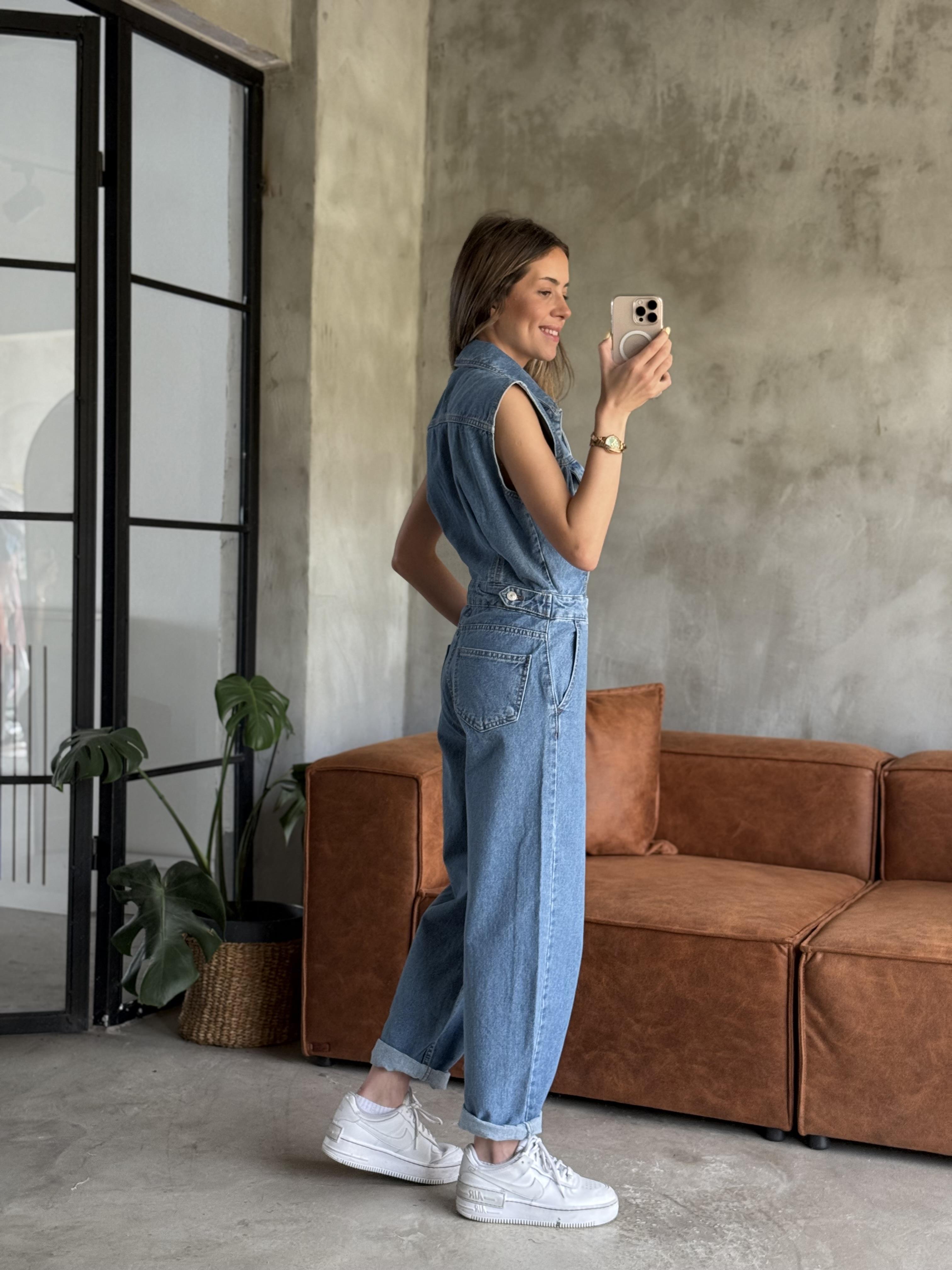 Sıfır Kol Denim Tulum