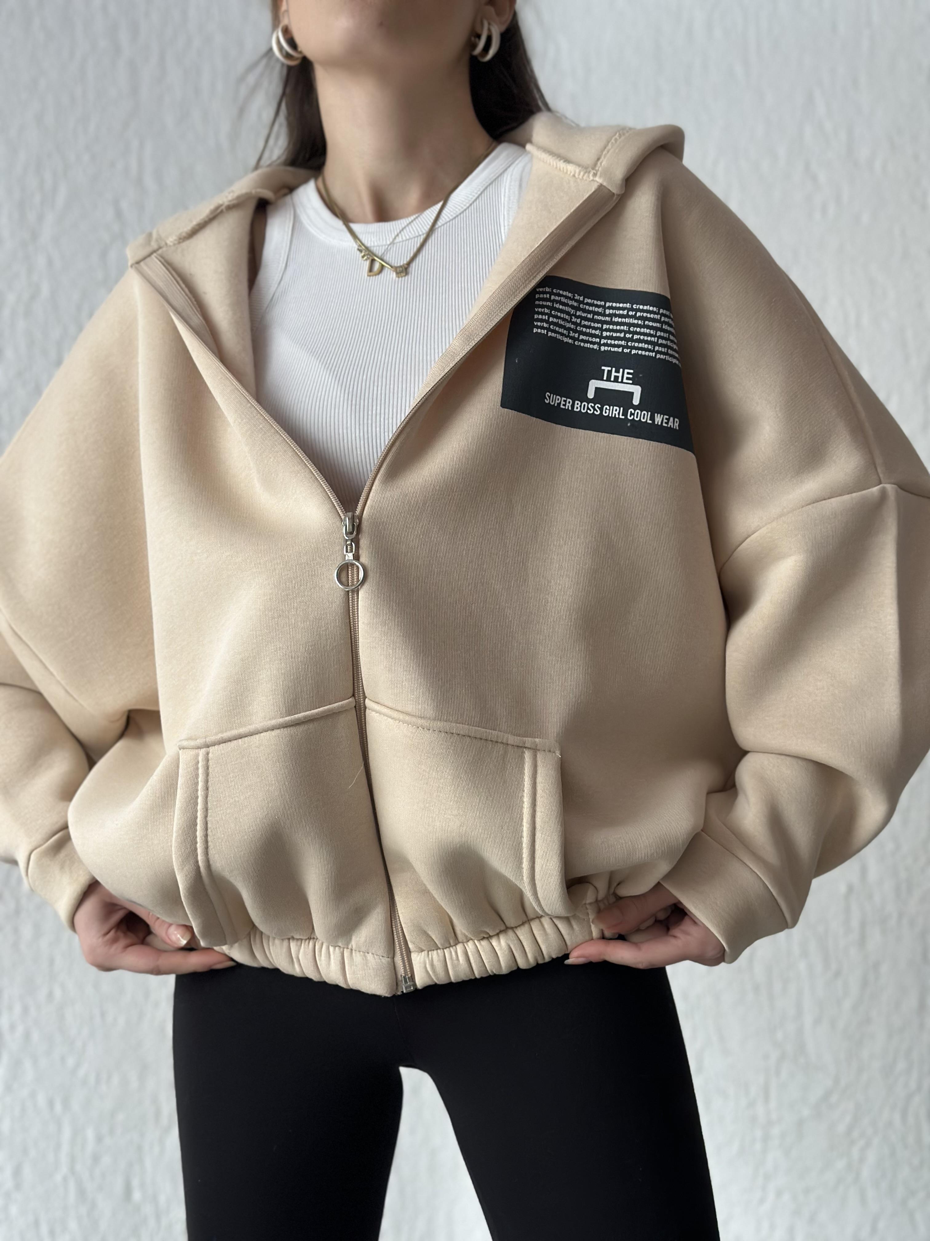 Sırt Baskılı Oversize Hırka - Bej