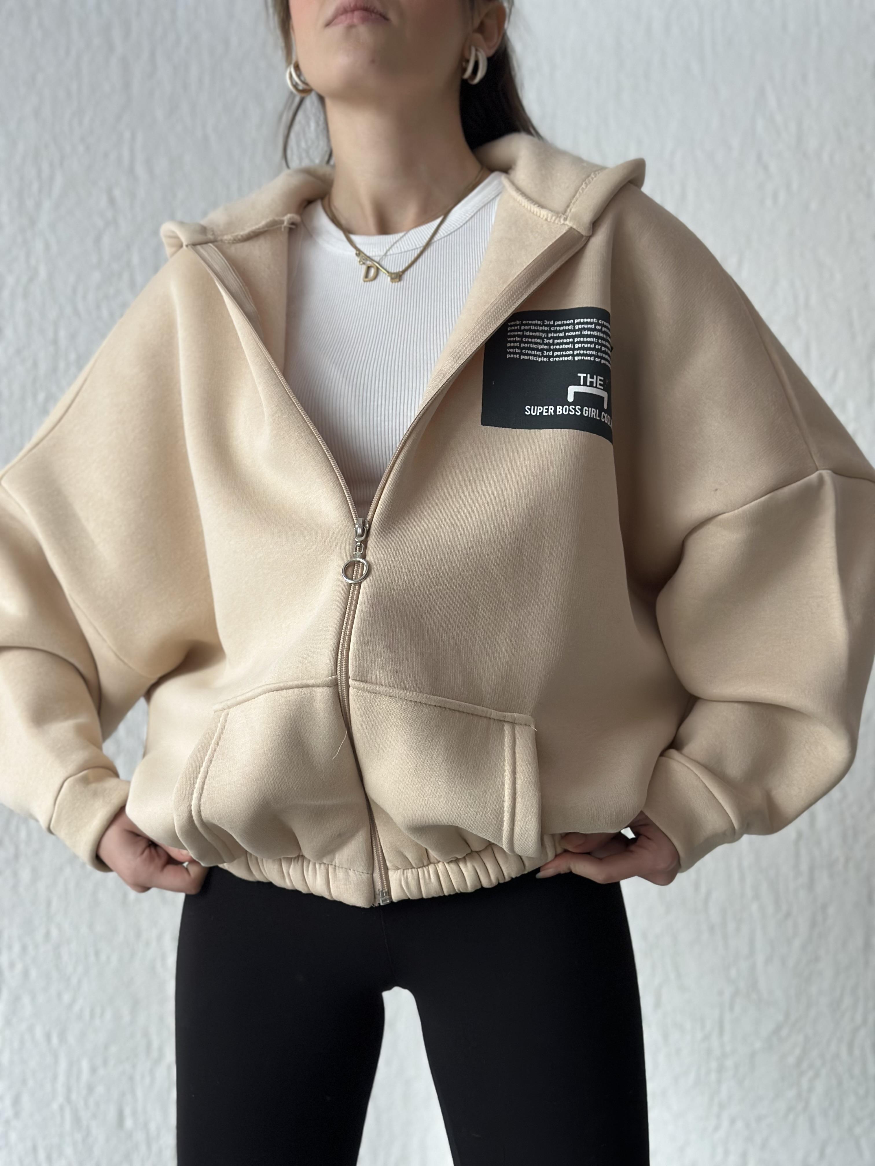 Sırt Baskılı Oversize Hırka - Bej