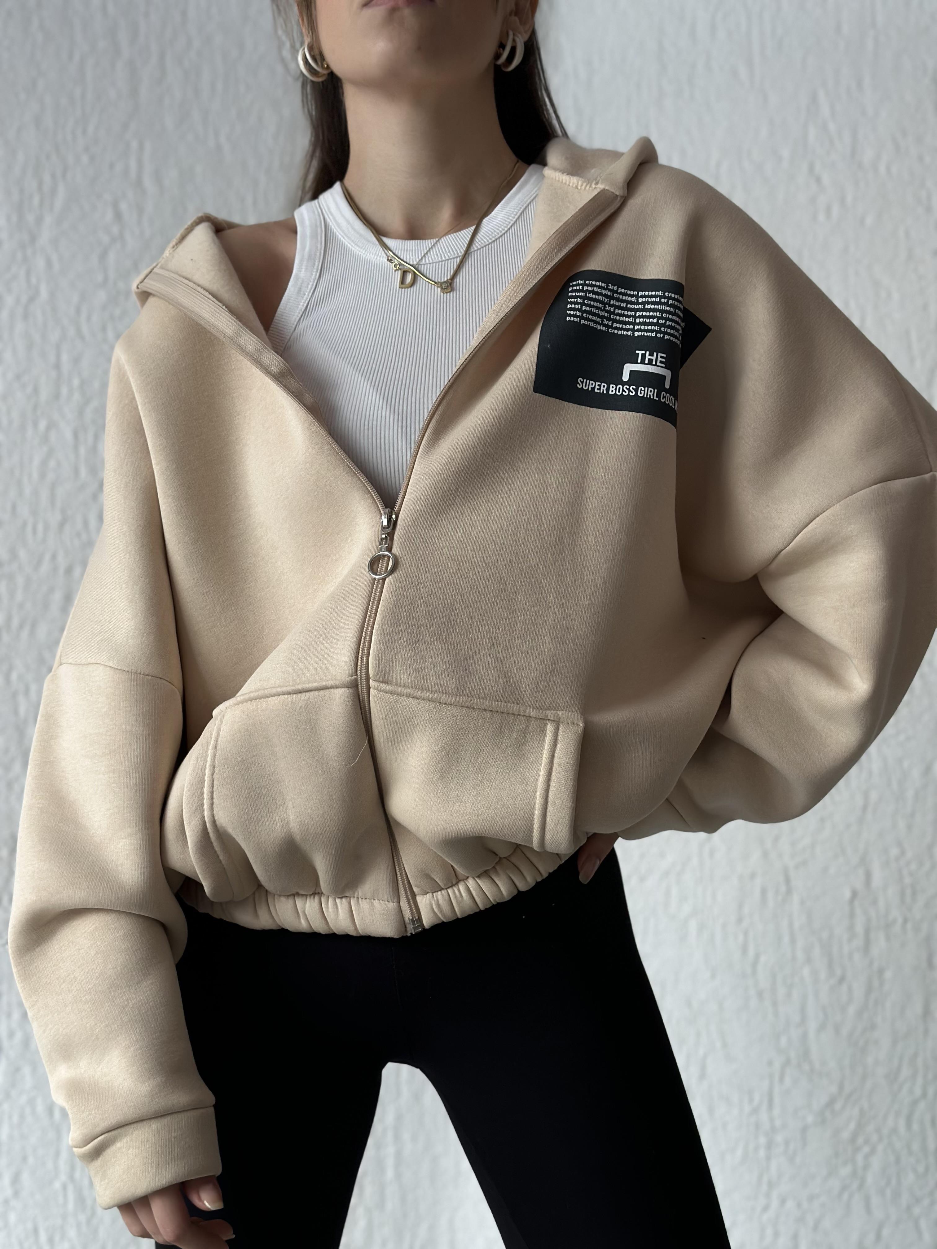 Sırt Baskılı Oversize Hırka - Bej