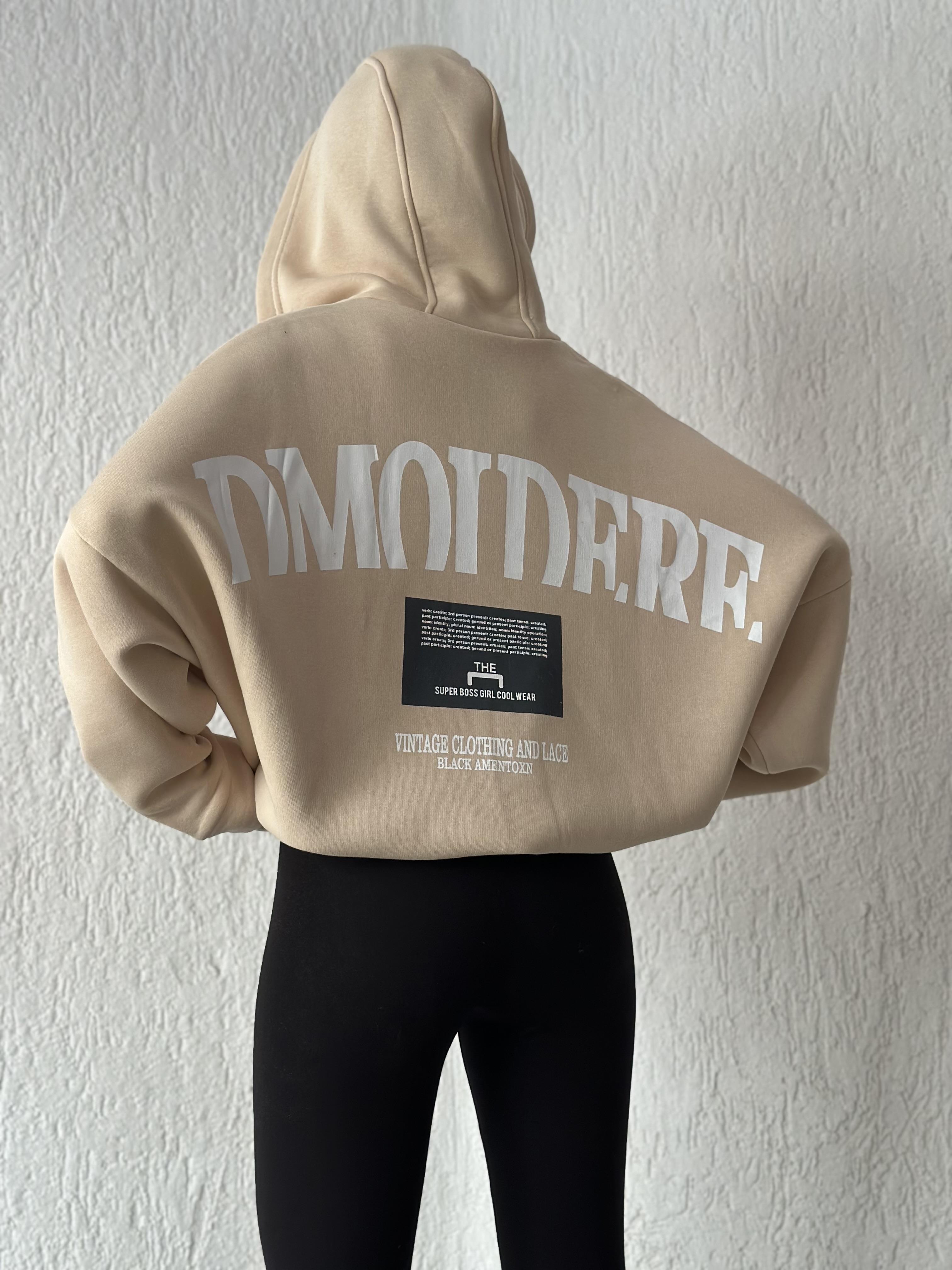 Sırt Baskılı Oversize Hırka - Bej