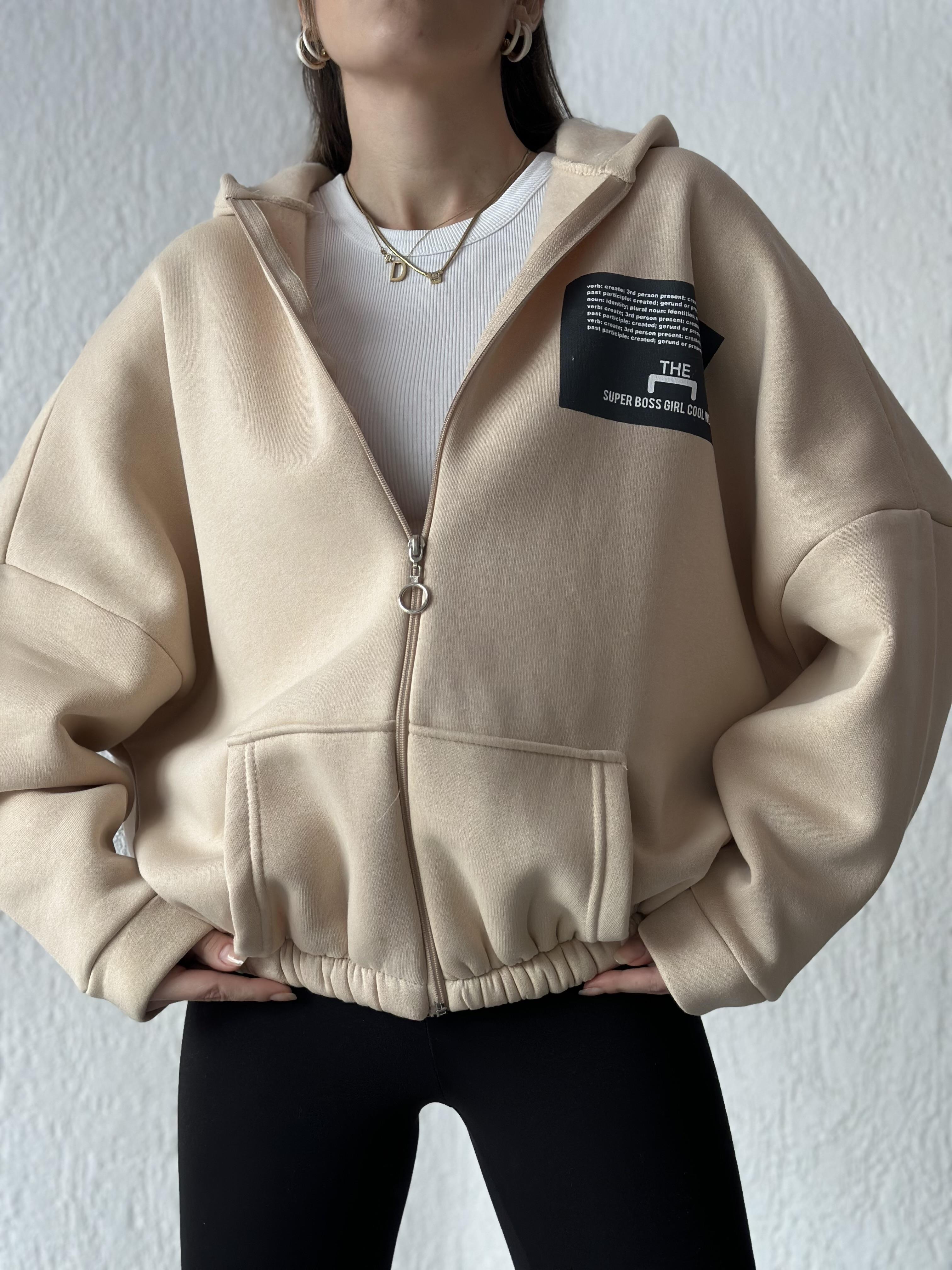Sırt Baskılı Oversize Hırka - Bej