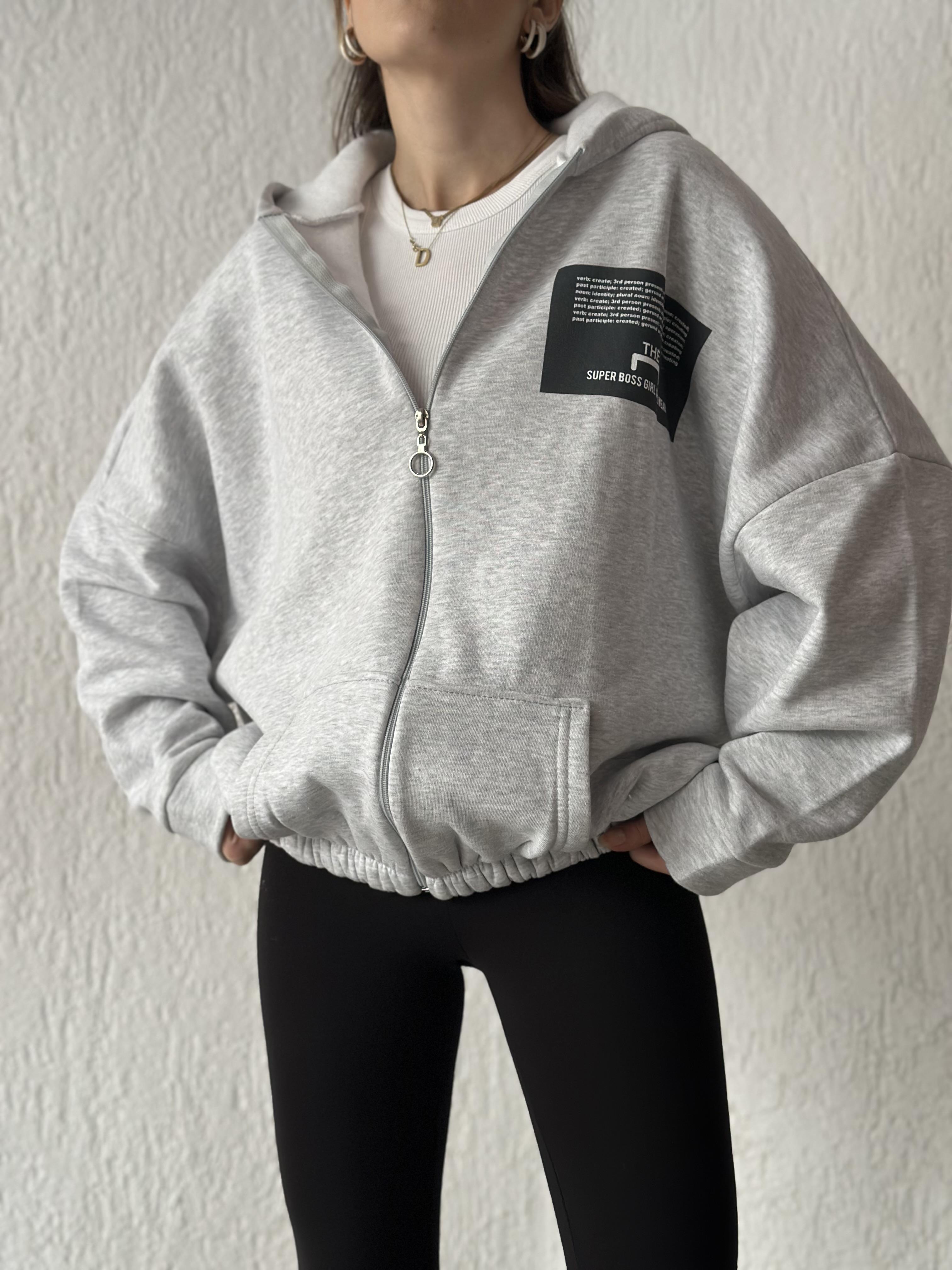 Sırt Baskılı Oversize Hırka - Gri