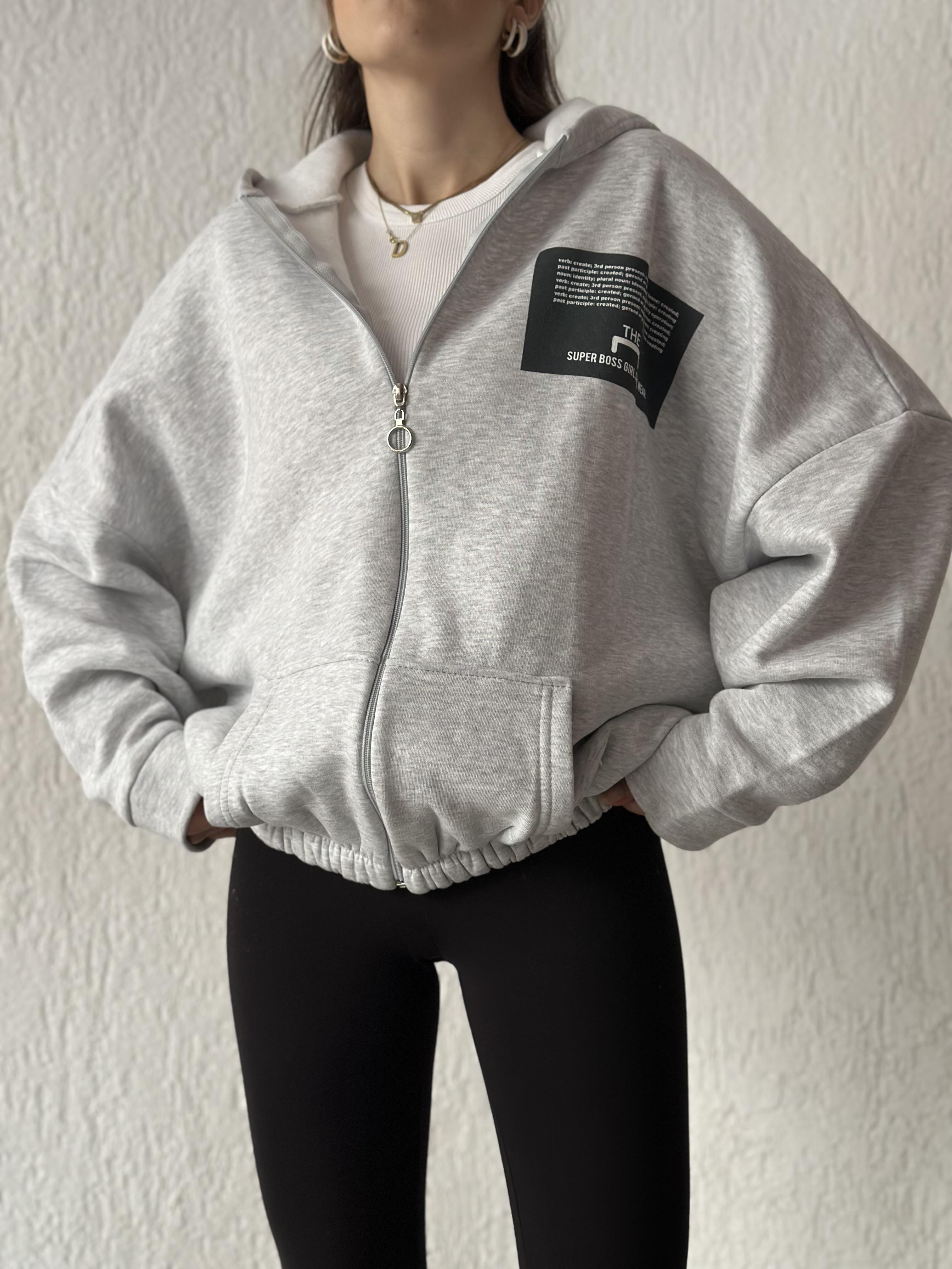 Sırt Baskılı Oversize Hırka - Gri