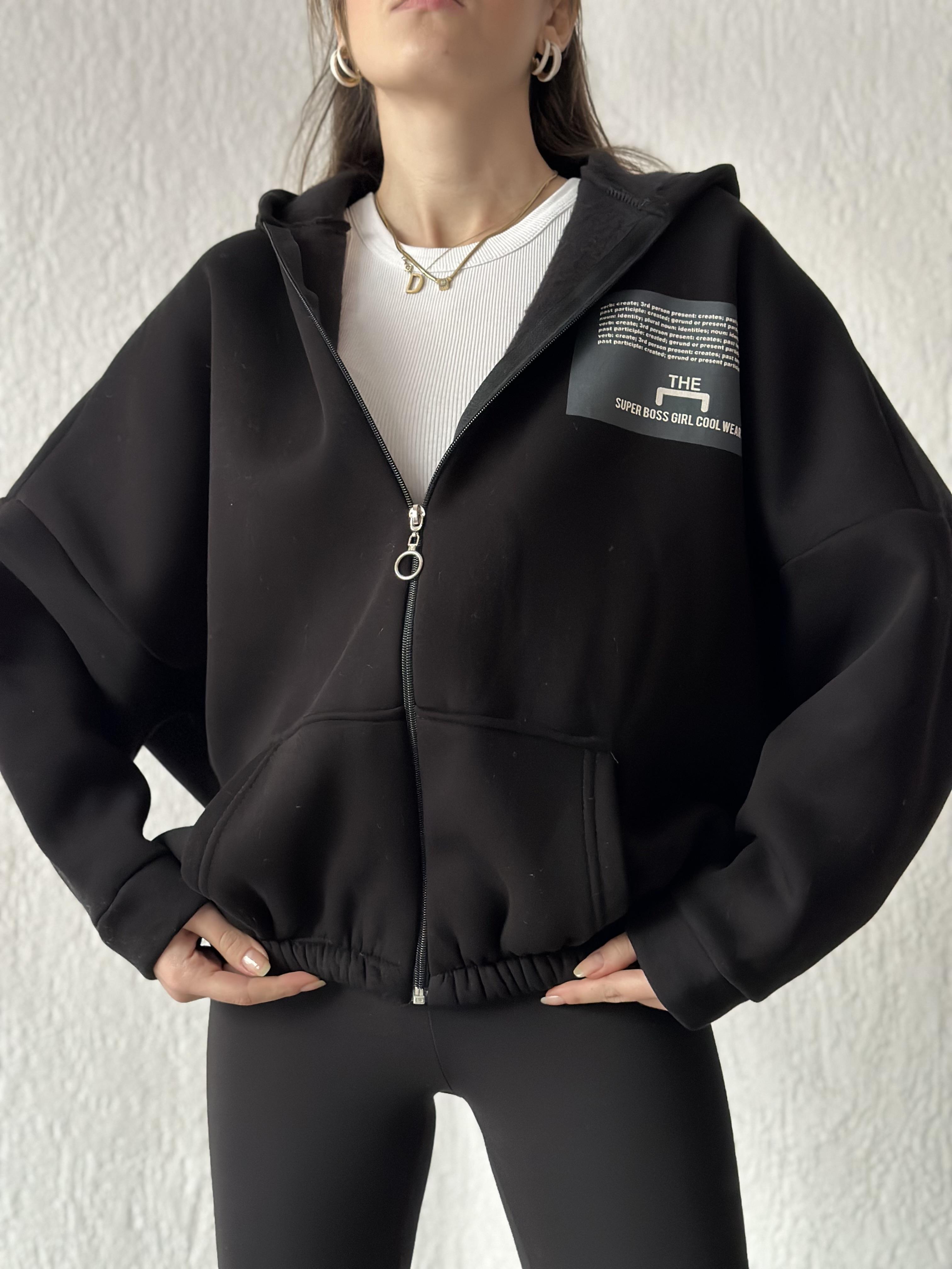 Sırt Baskılı Oversize Hırka - Siyah