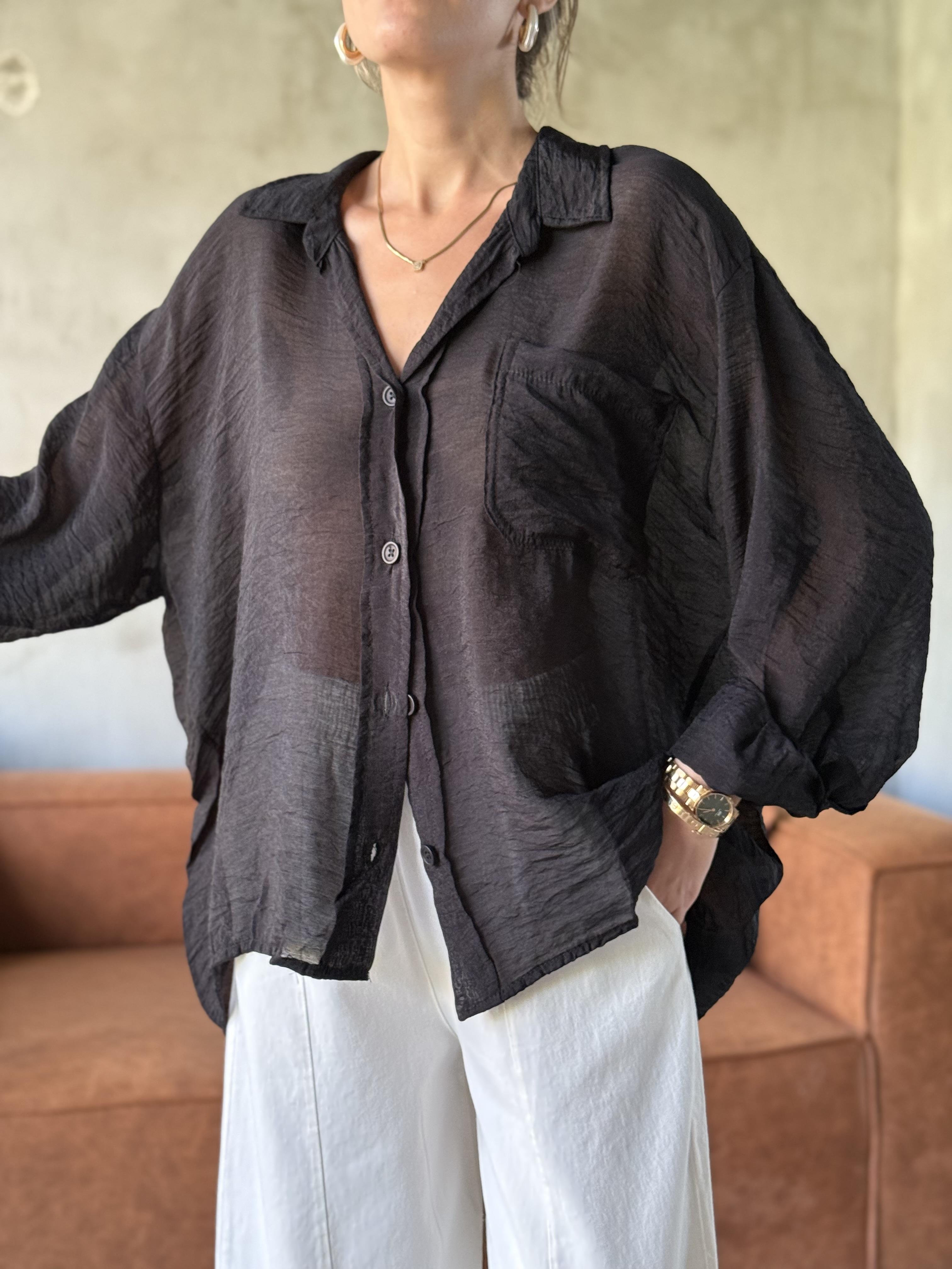 Siyah Oversize Şifon Gömlek 