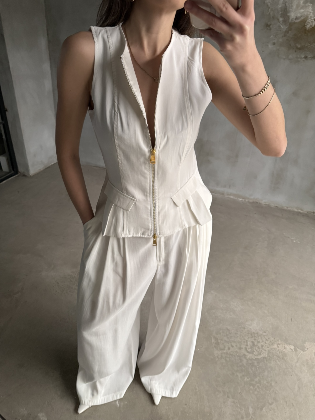 Tencel Çift Fermuarlı Yelekli Takım - Beyaz