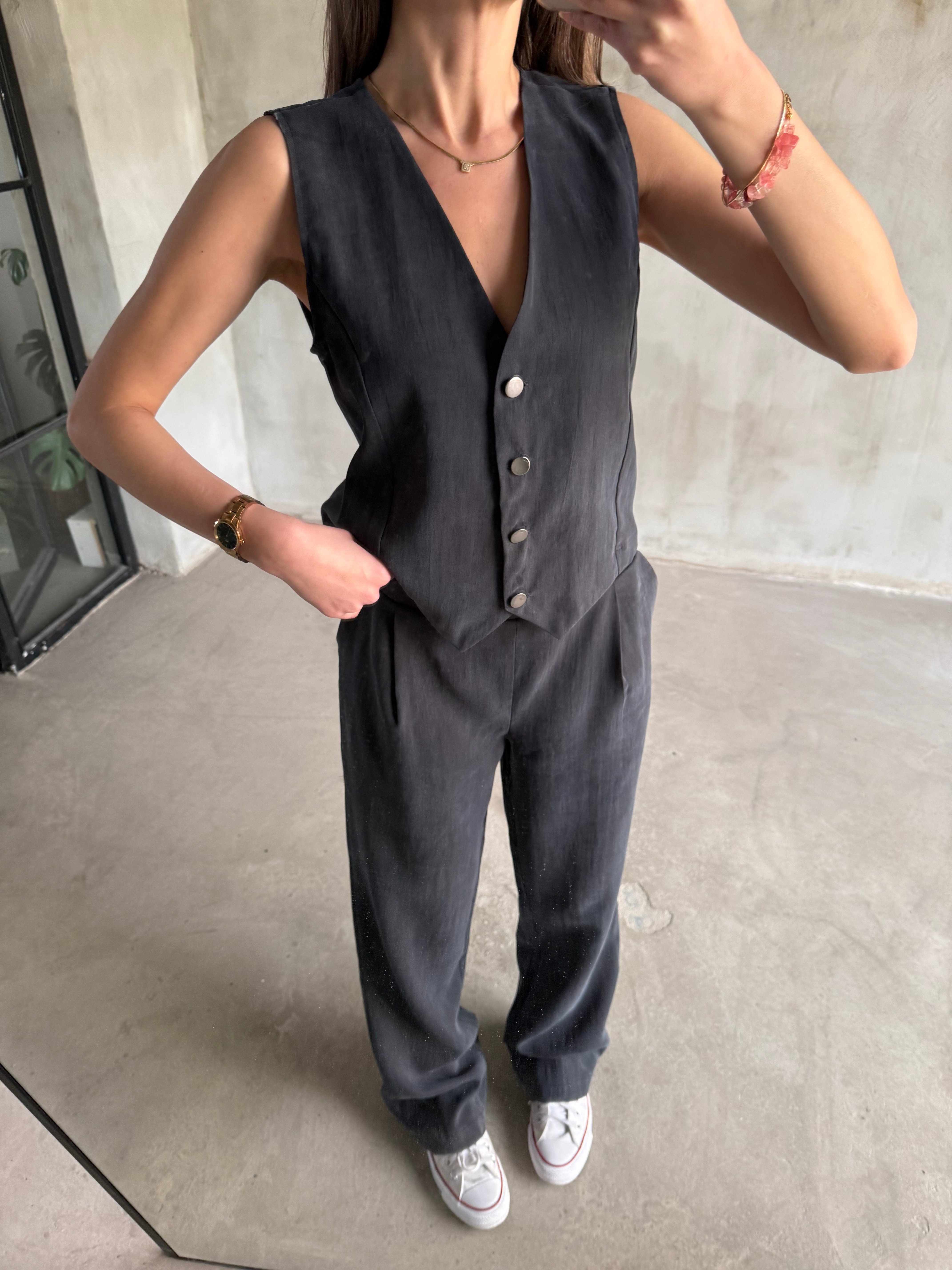 Tencel Gabardin Yelekli Takım - Antrasit