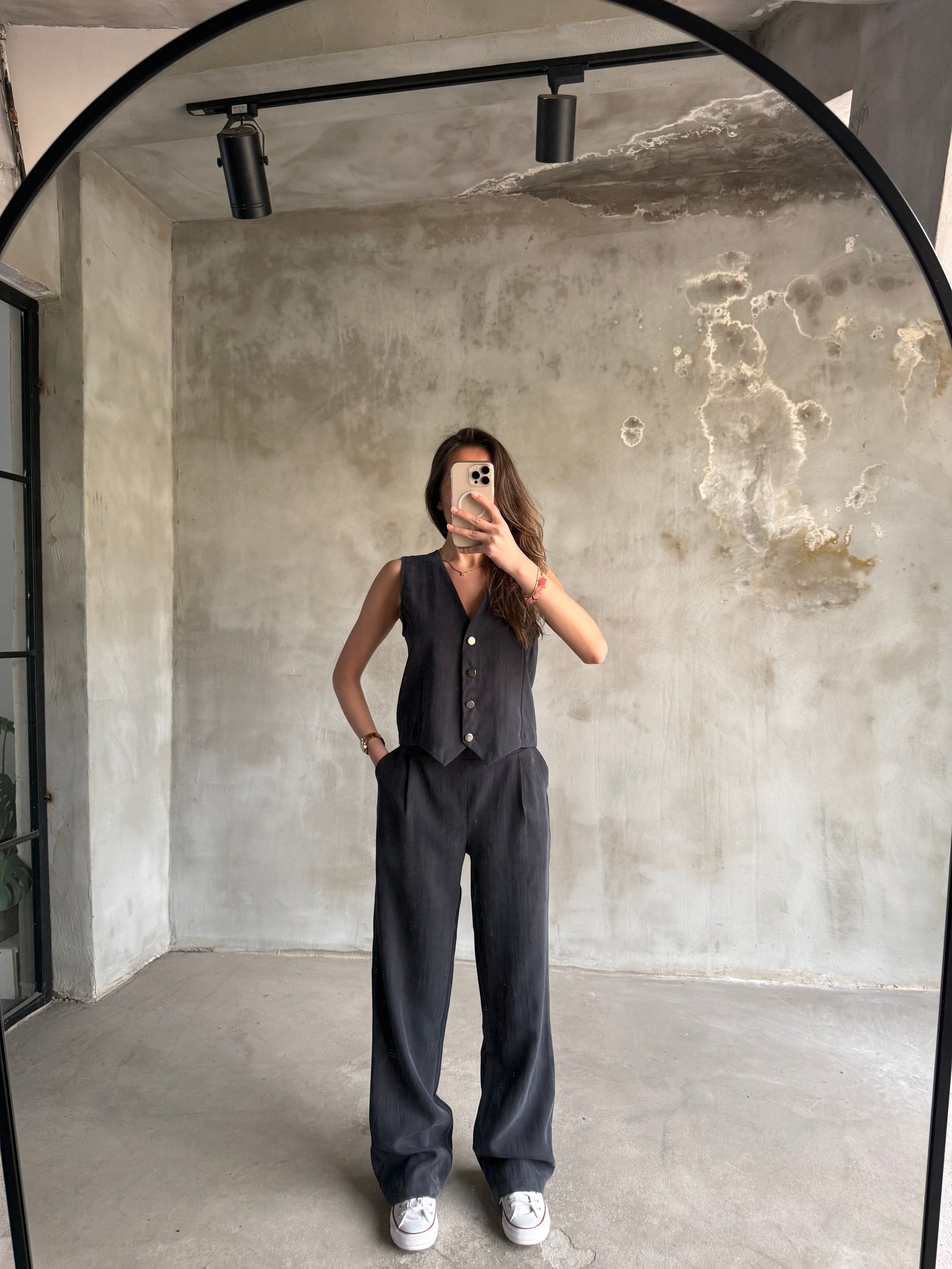 Tencel Gabardin Yelekli Takım - Antrasit