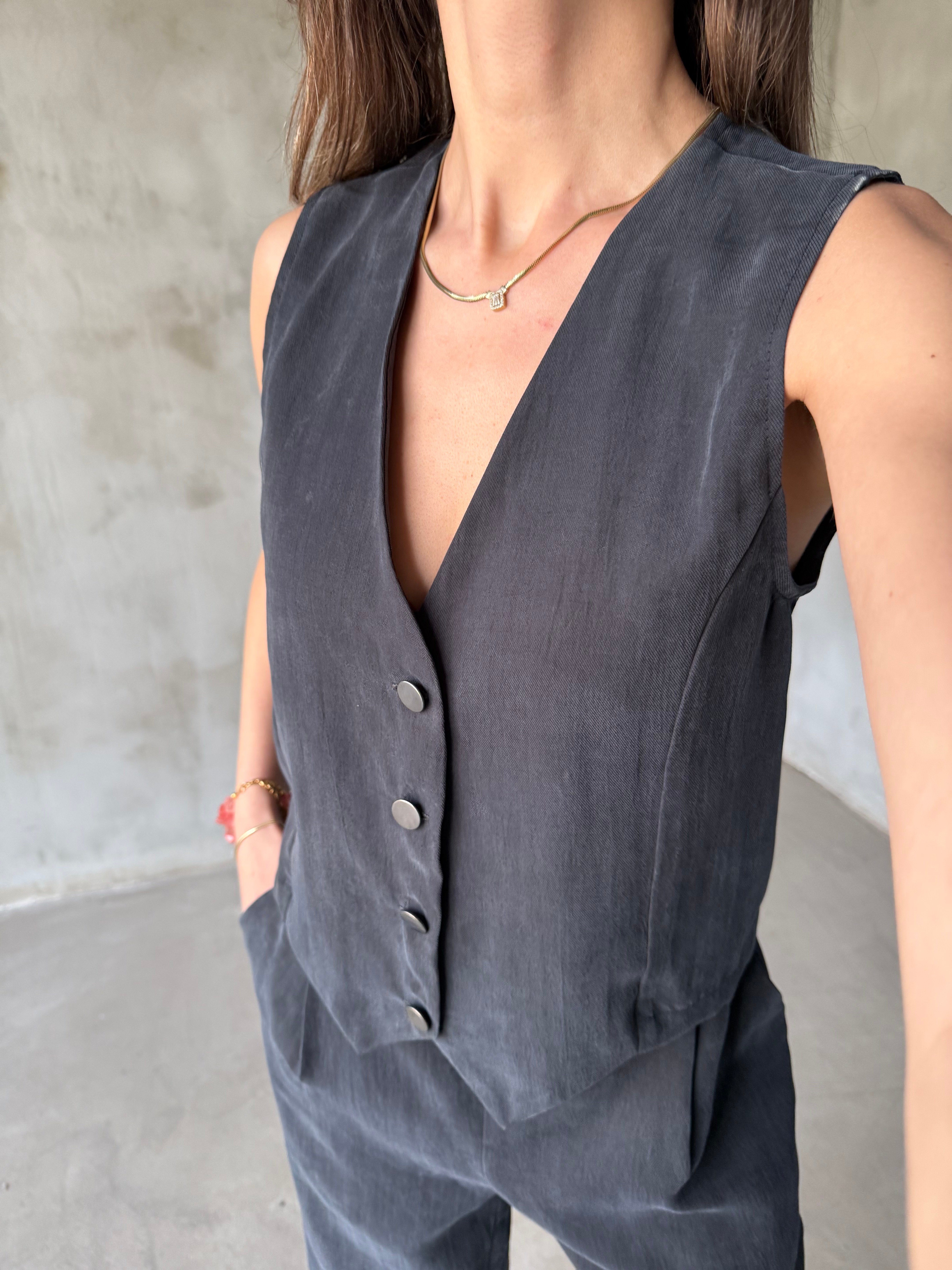 Tencel Gabardin Yelekli Takım - Antrasit