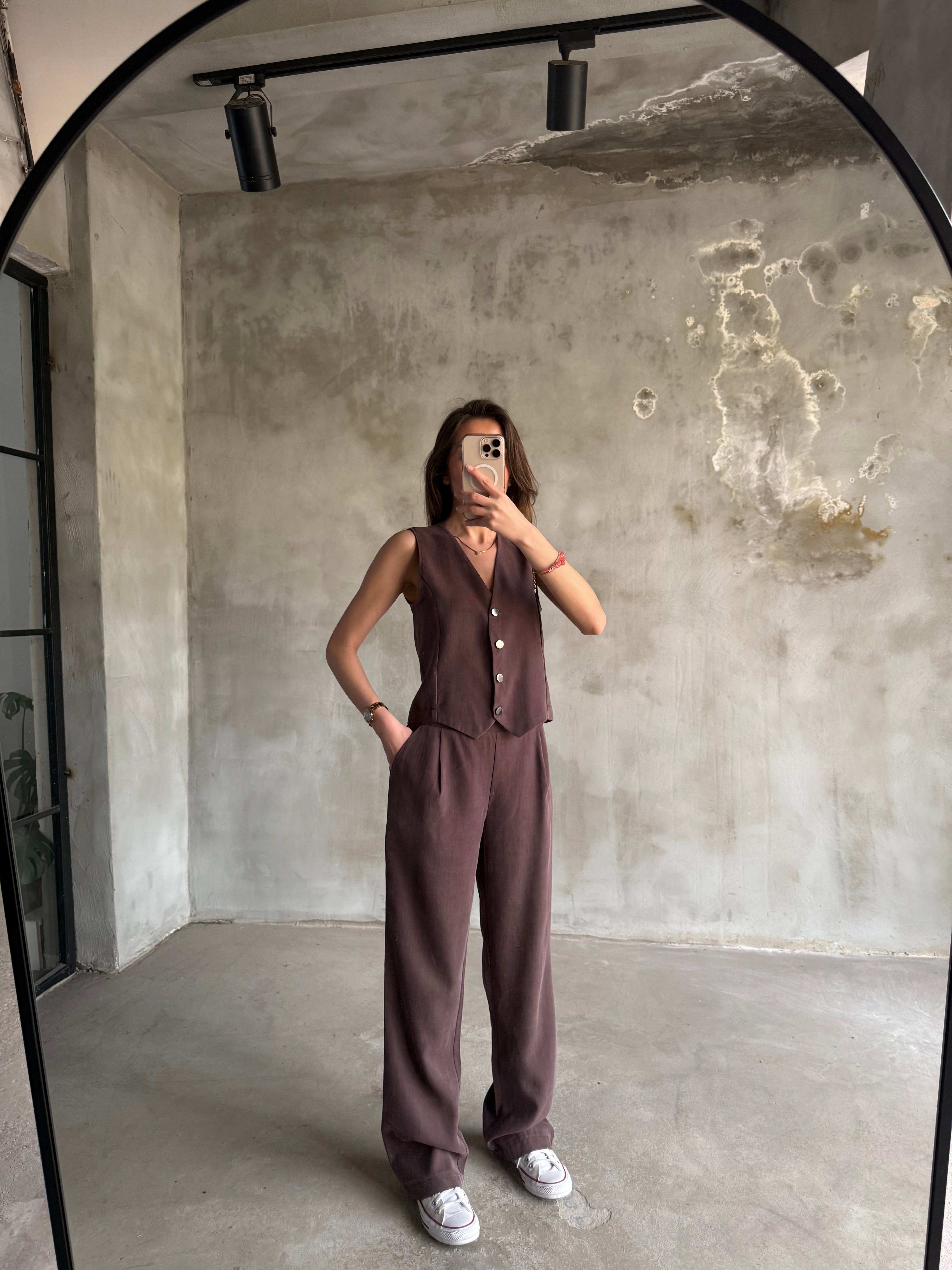 Tencel Gabardin Yelekli Takım - Kahverengi