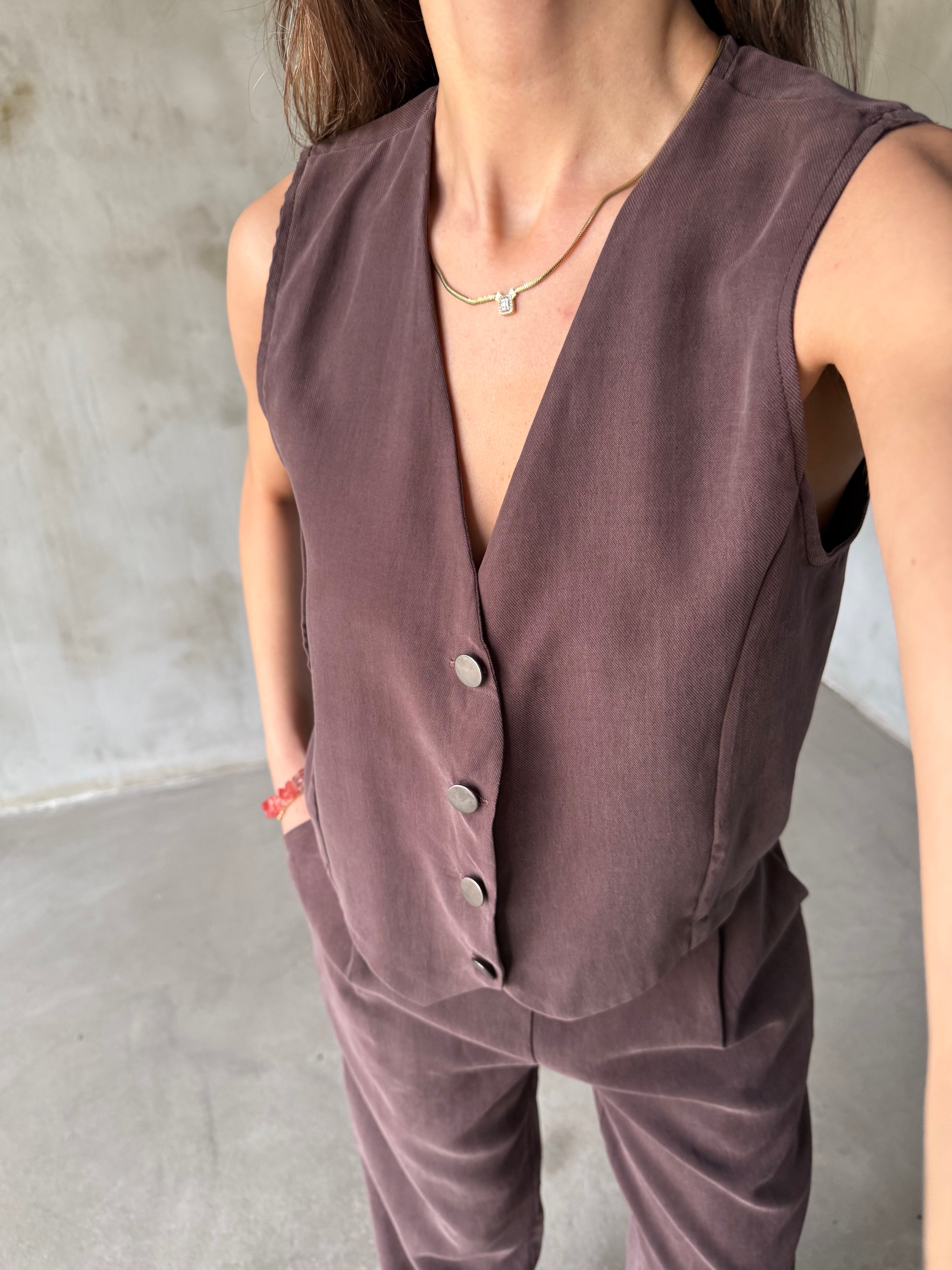 Tencel Gabardin Yelekli Takım - Kahverengi