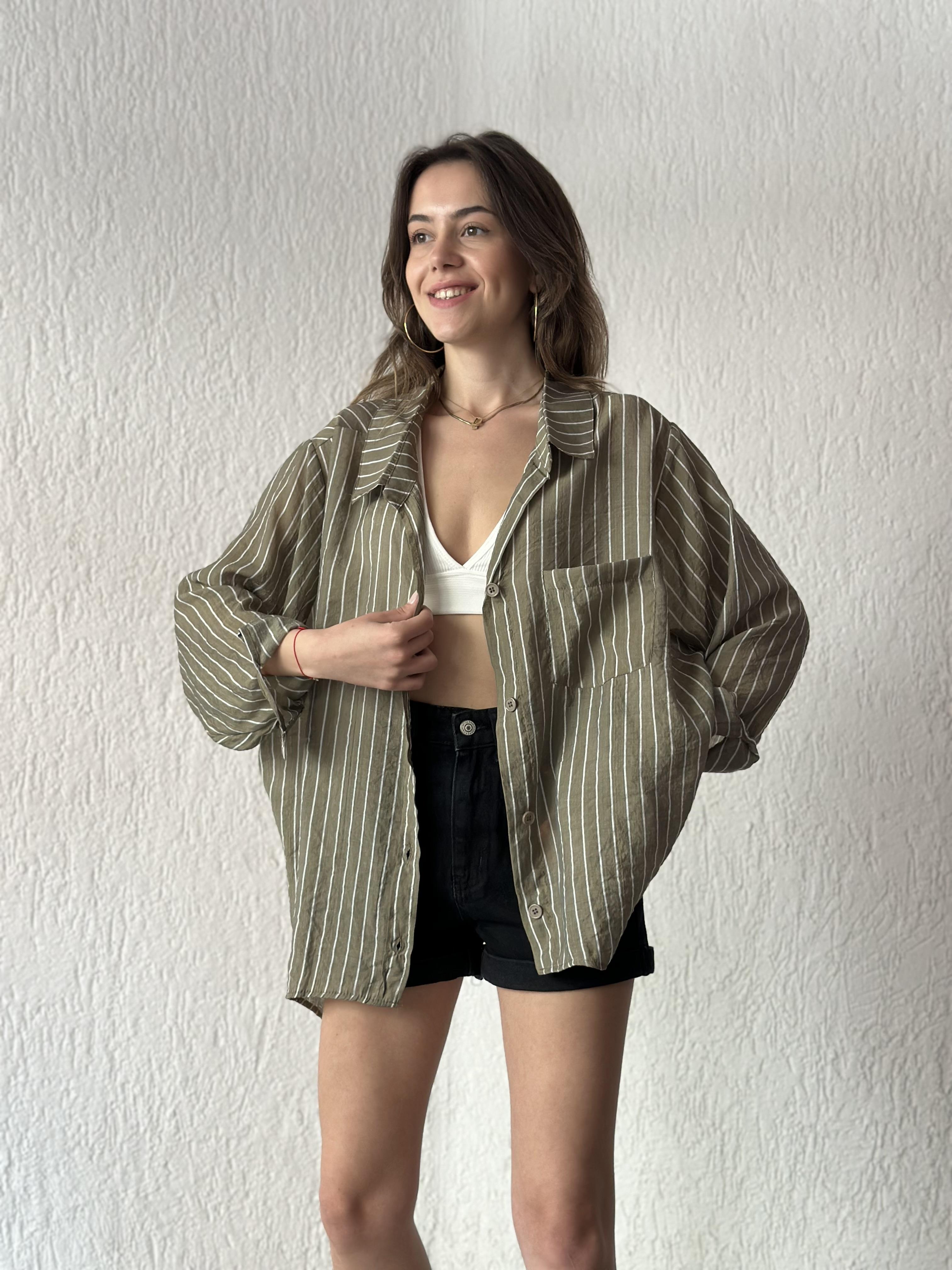 Tensel Çizgili Oversize Gömlek - Haki