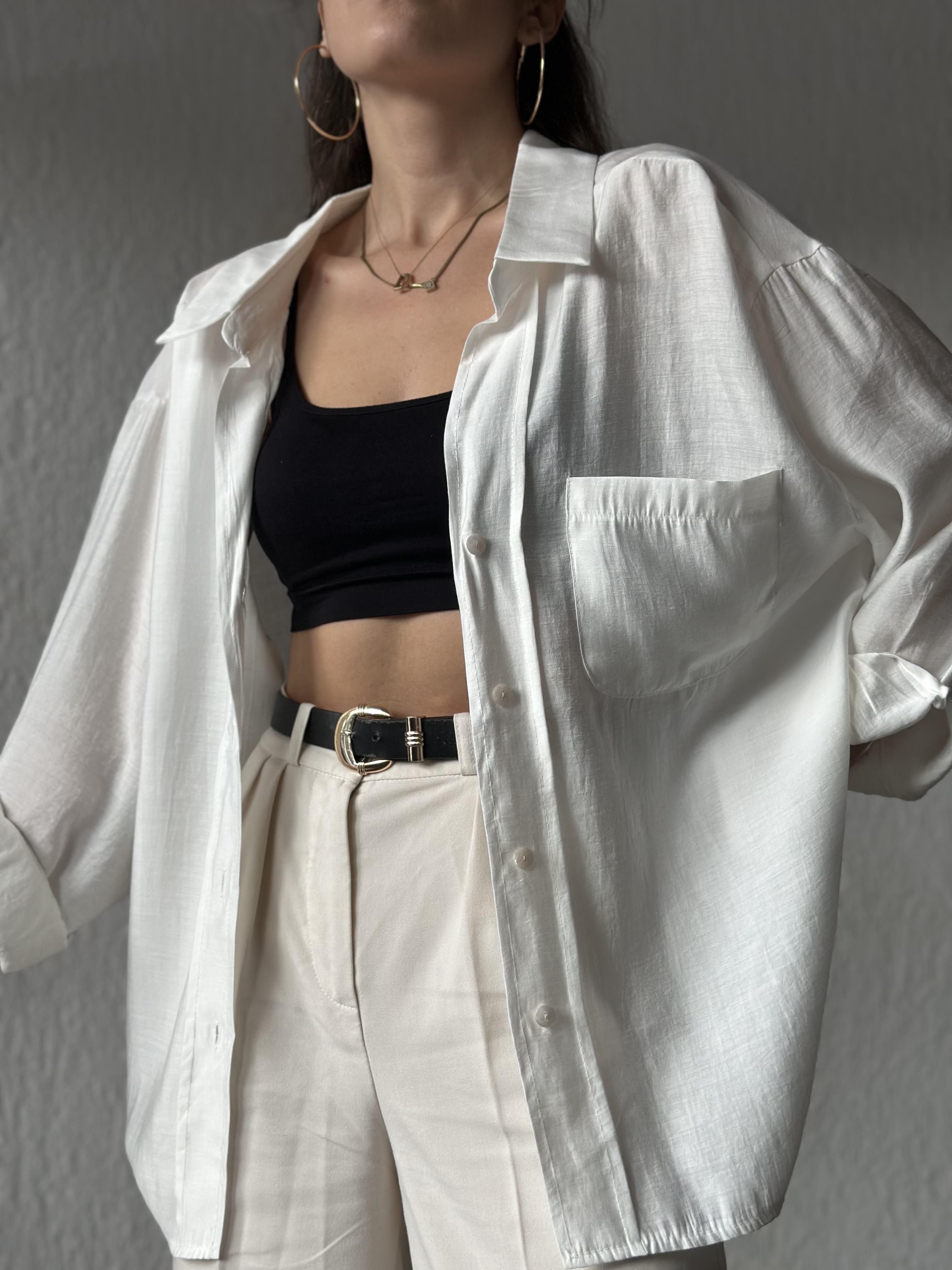 Tensel Oversize Basic Gömlek - Beyaz