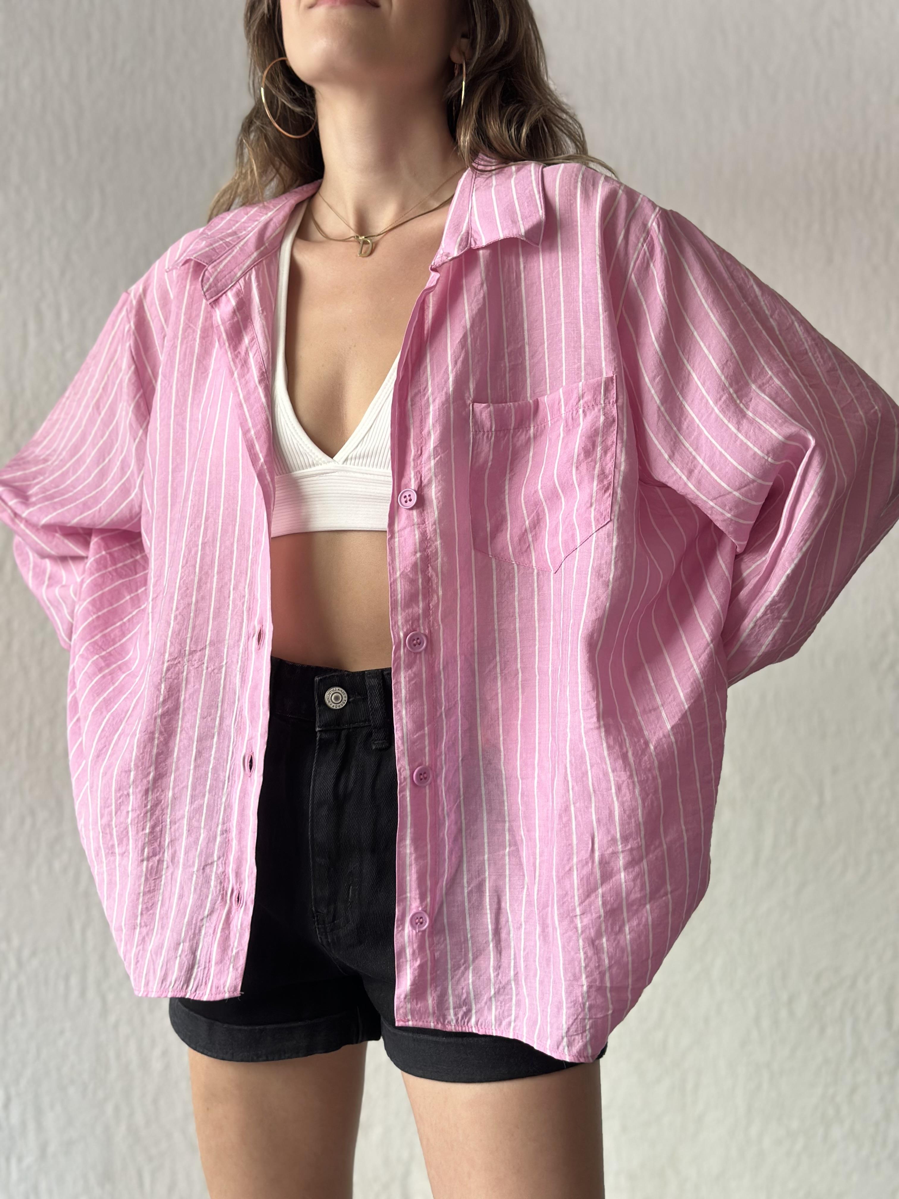 Tensel Oversize Çizgili Gömlek - Pembe