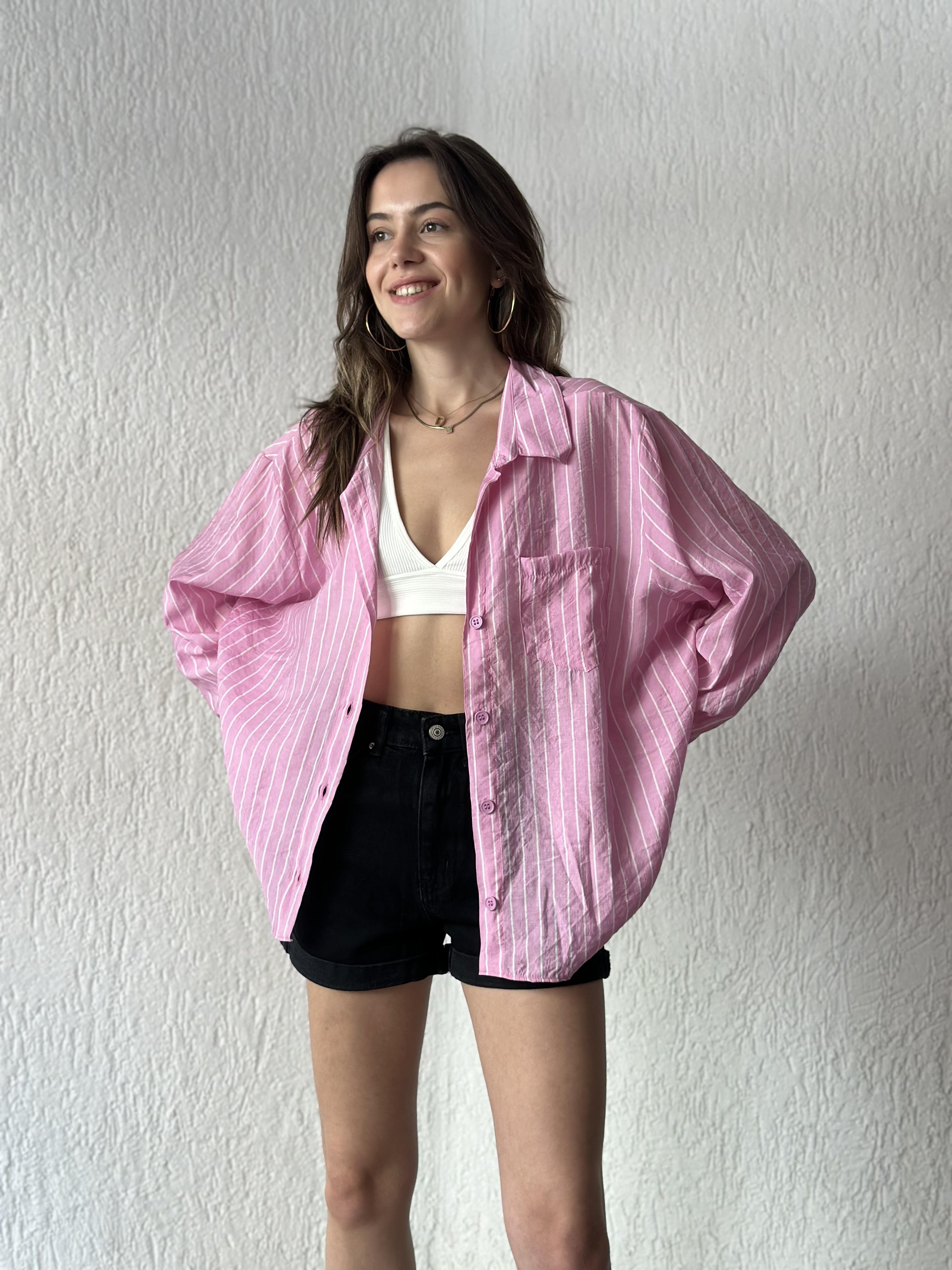 Tensel Oversize Çizgili Gömlek - Pembe