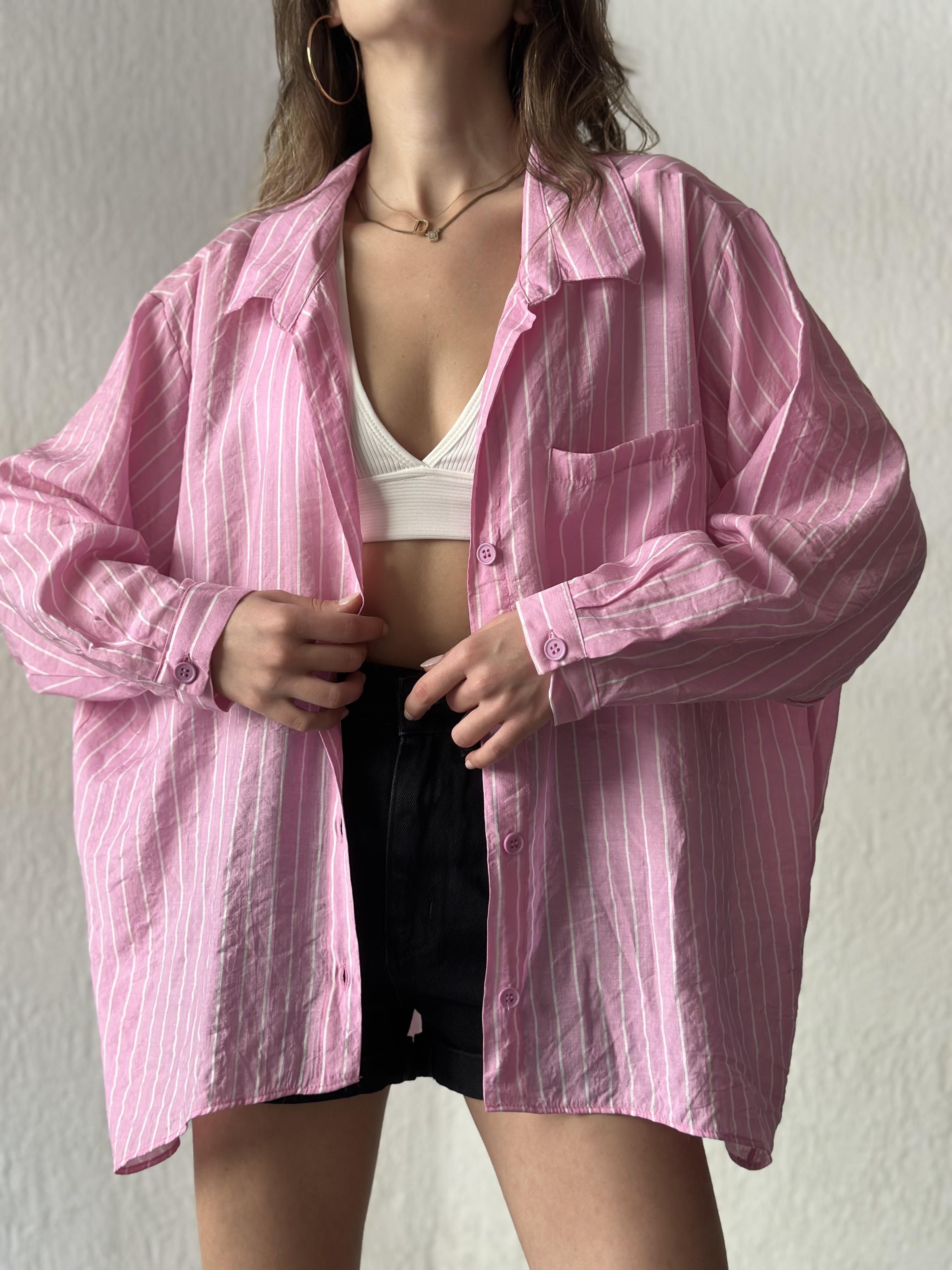 Tensel Oversize Çizgili Gömlek - Pembe