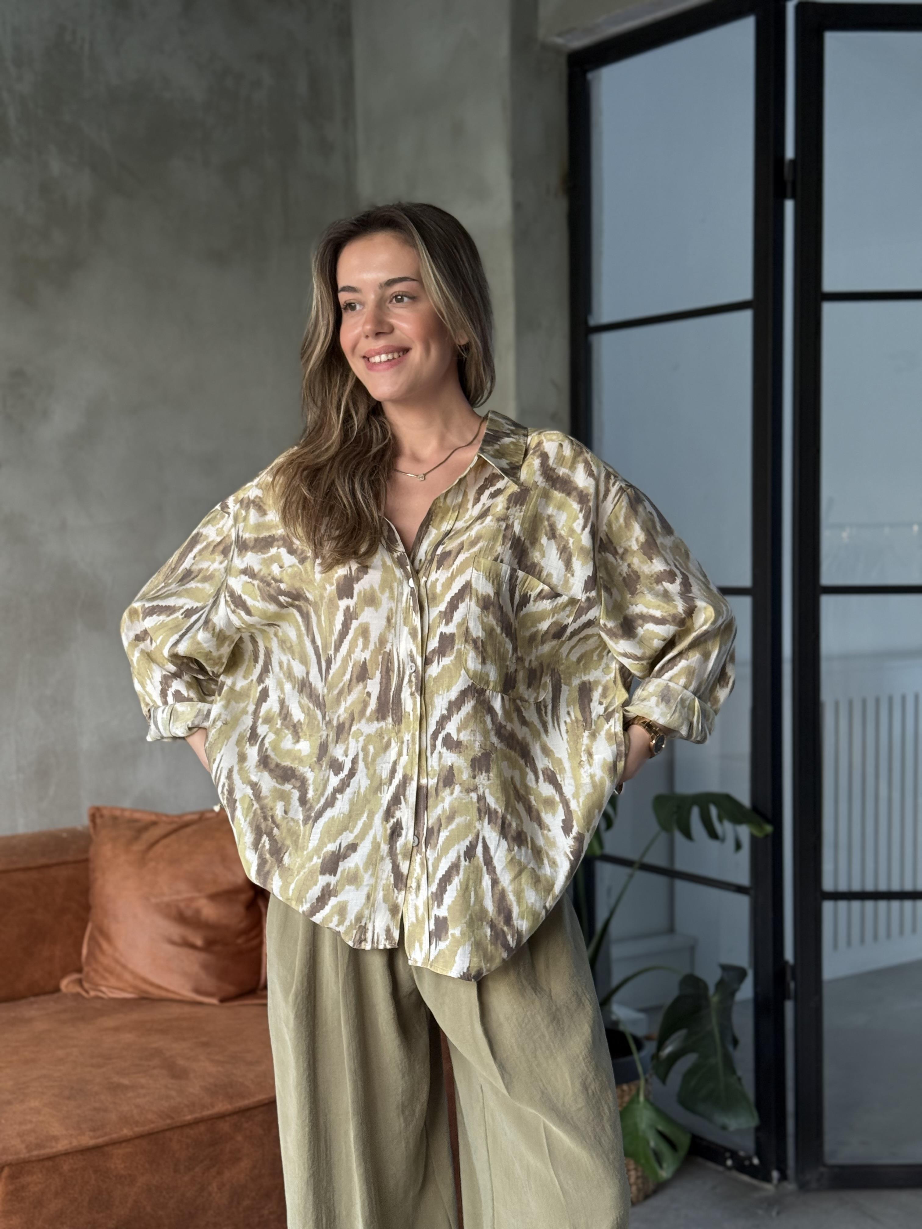 Tensel Oversize Desenli Yeşil Gömlek