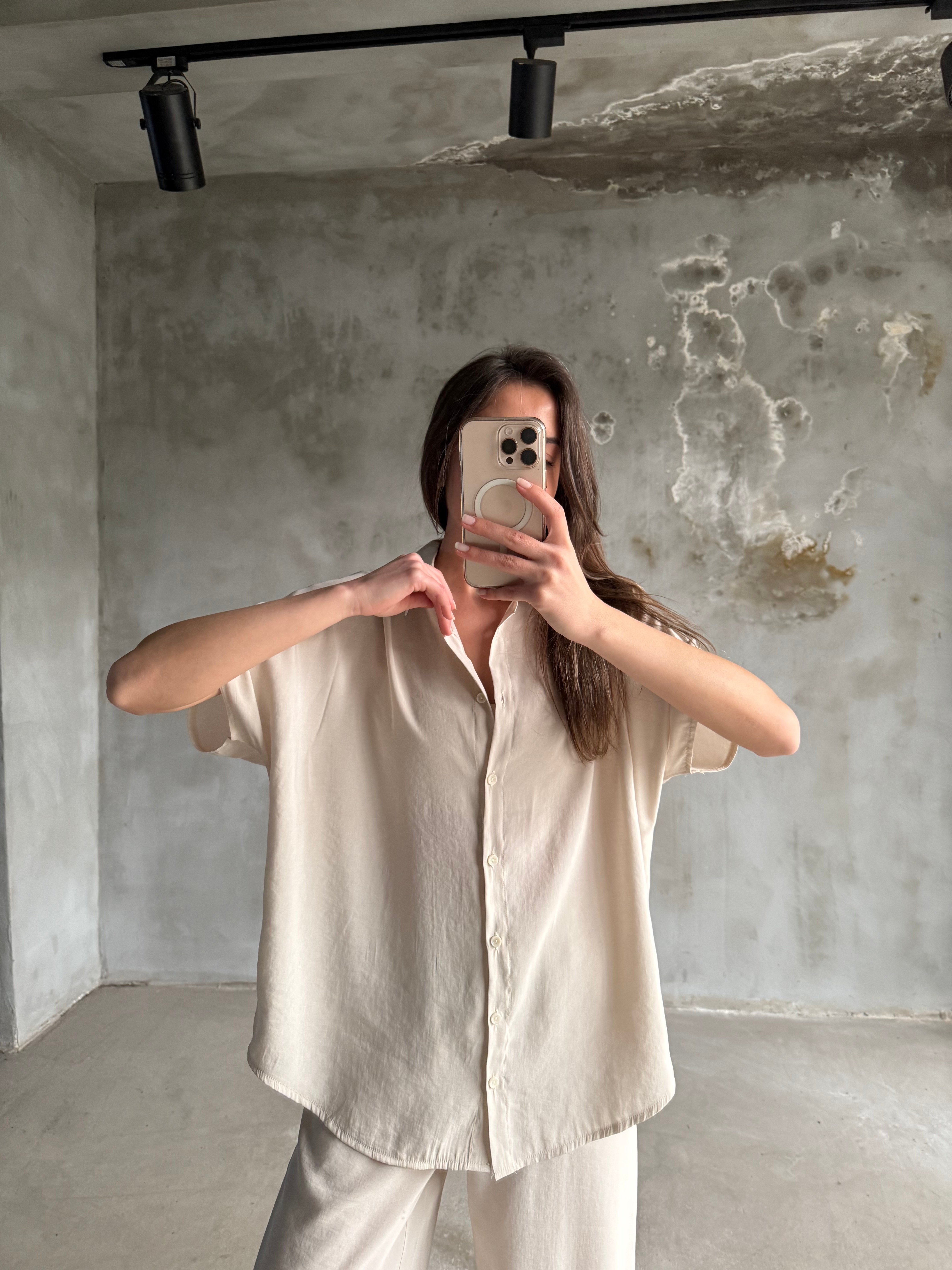 Tensel Oversize Kısa Kollu Takım - Krem