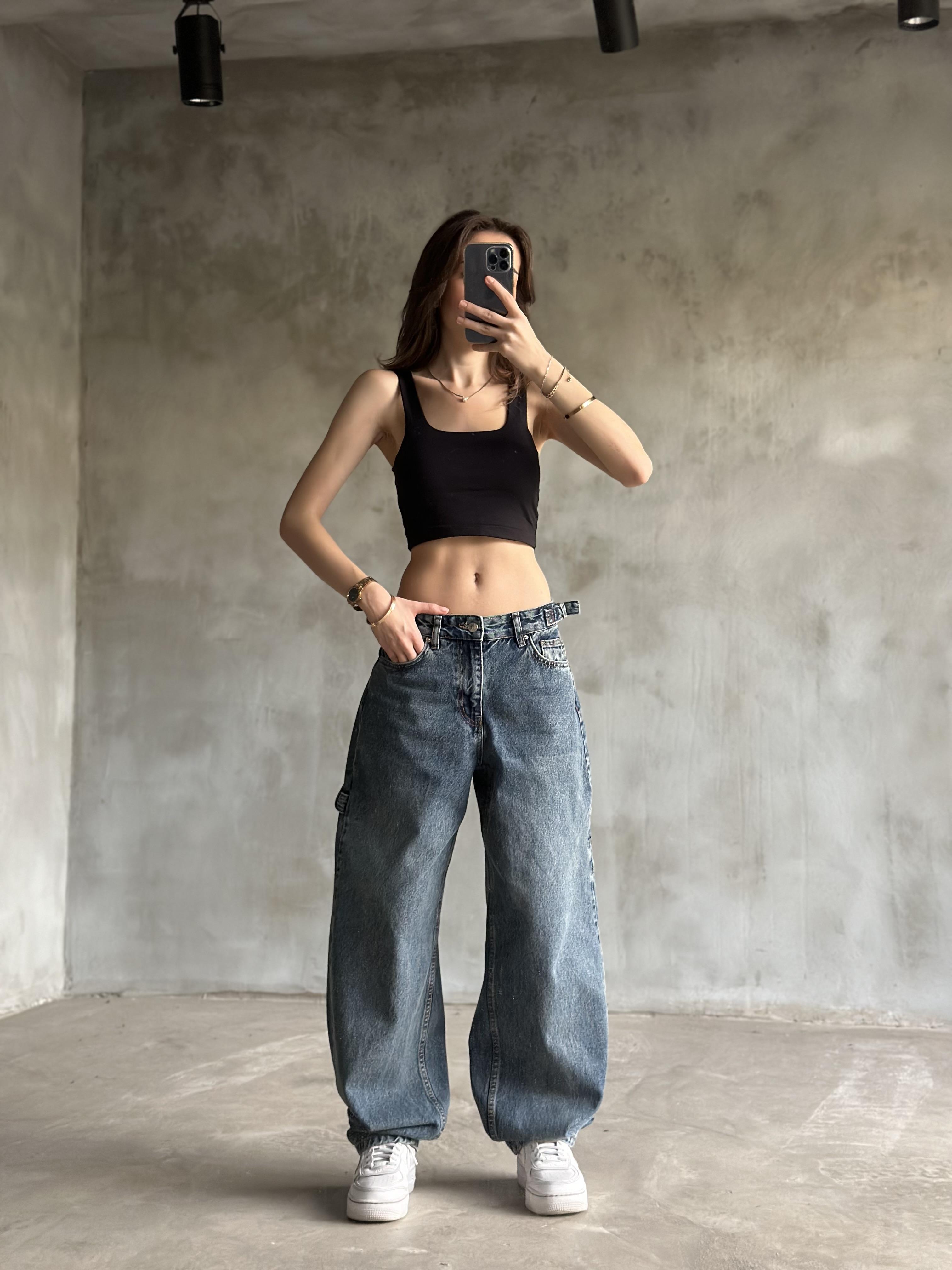 Tokalı Kargo Baggy Jean - Mavi