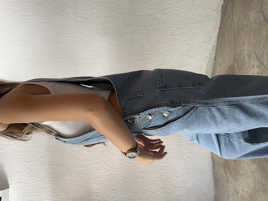 Trend Önü Cepli Mom Denim Tulum - Mavi