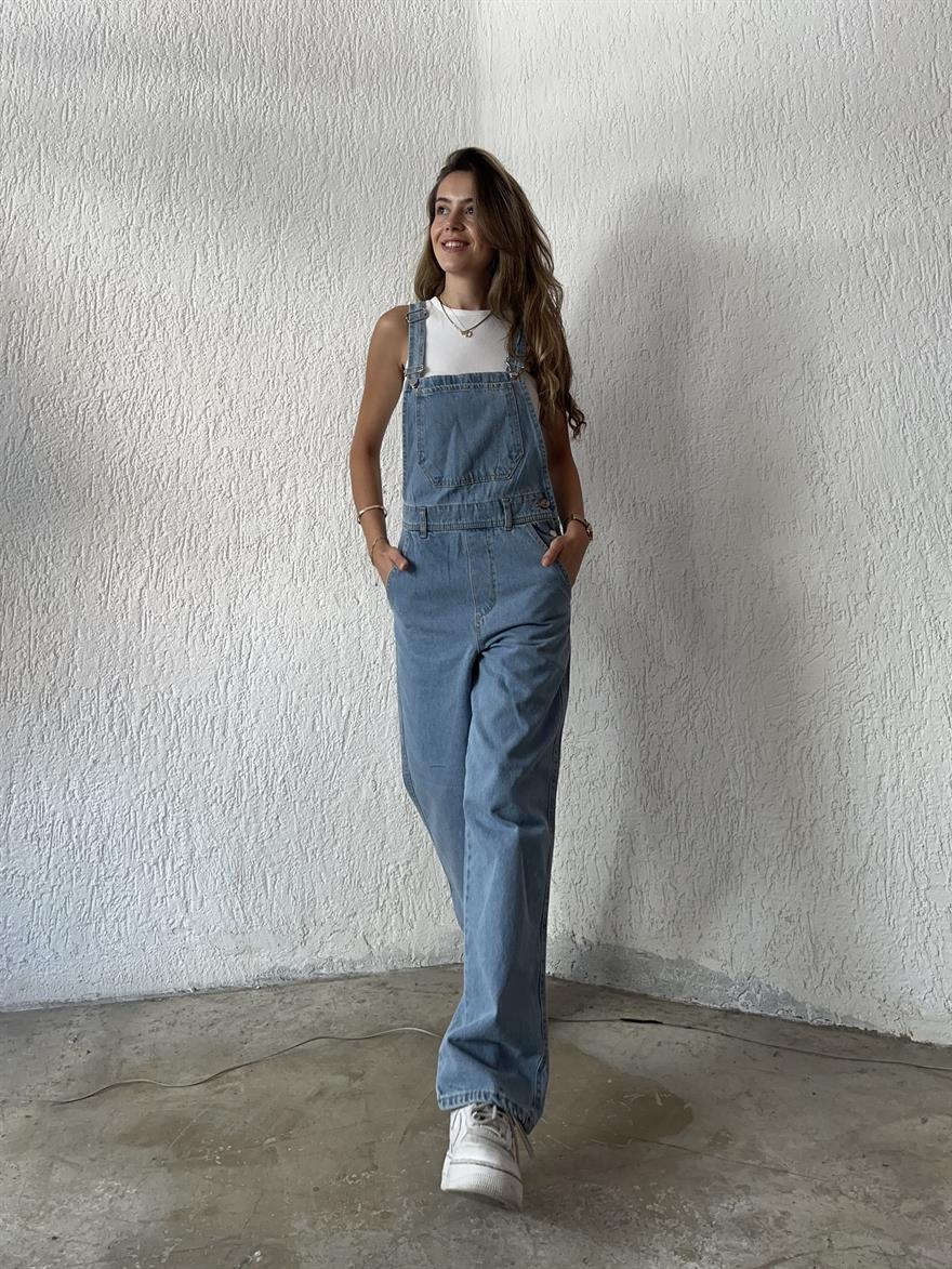 Trend Önü Cepli Mom Denim Tulum - Mavi