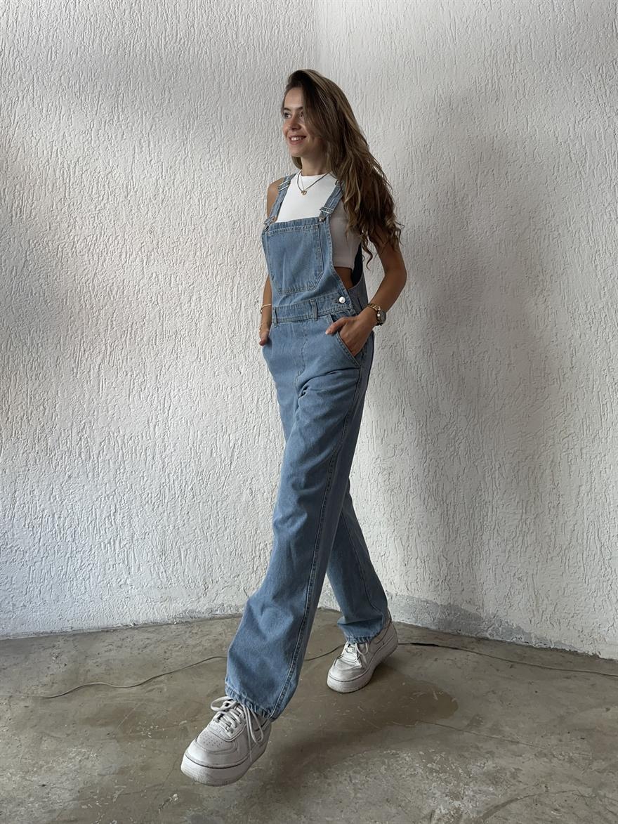 Trend Önü Cepli Mom Denim Tulum - Mavi