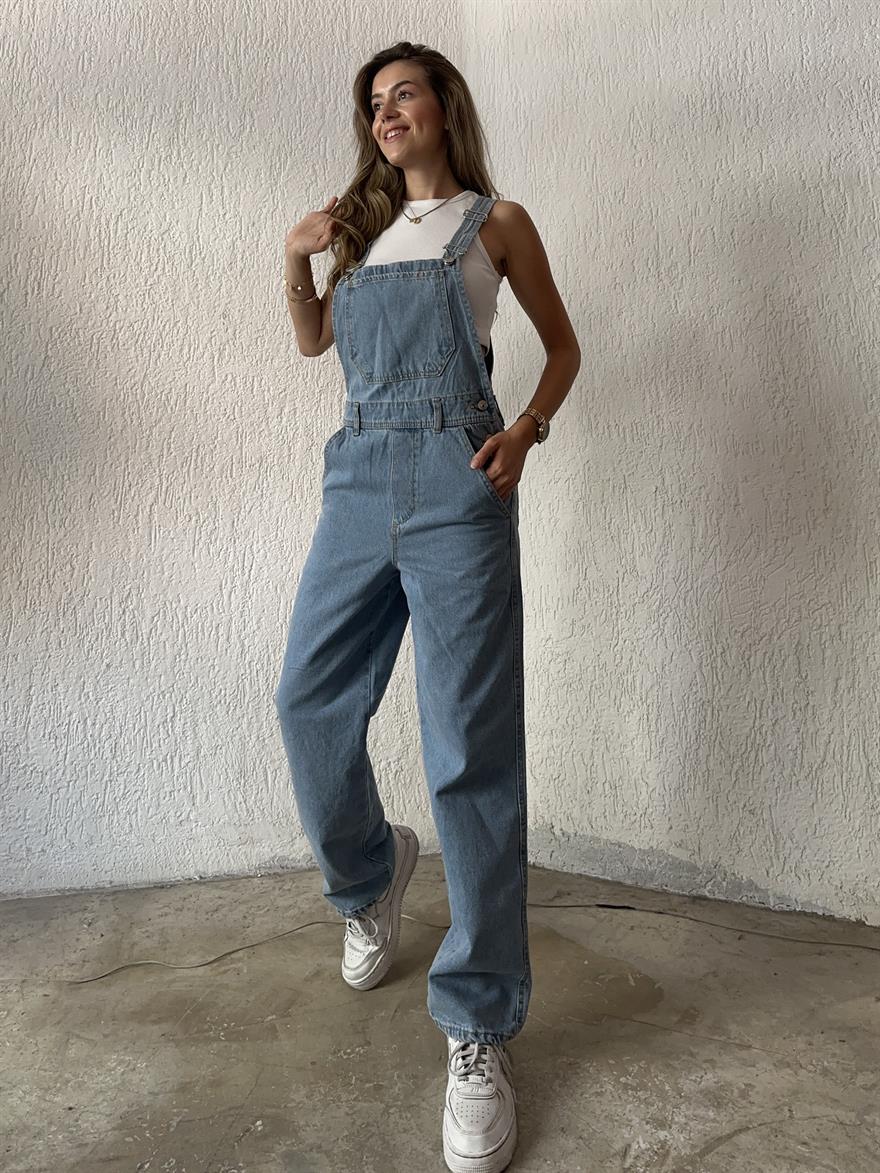 Trend Önü Cepli Mom Denim Tulum - Mavi