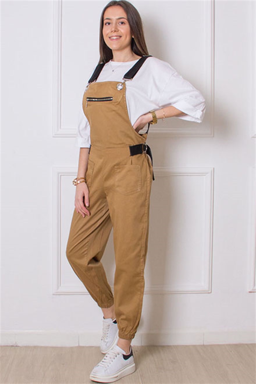 Trend Önü Fermuarlı Tulum - Camel - Dominatrend