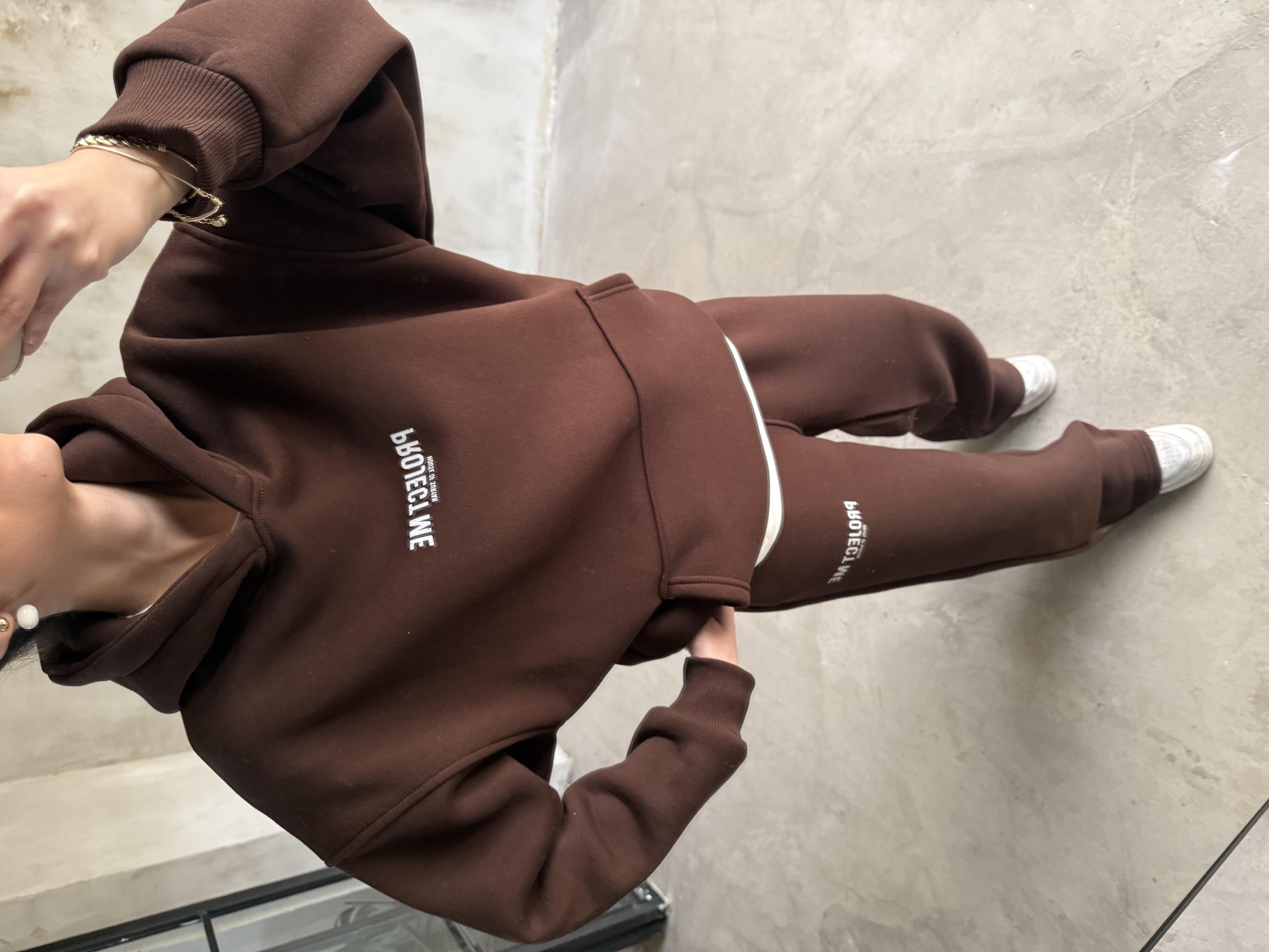 Unisex Oversize Tipografik Eşofman Takımı - Kahverengi