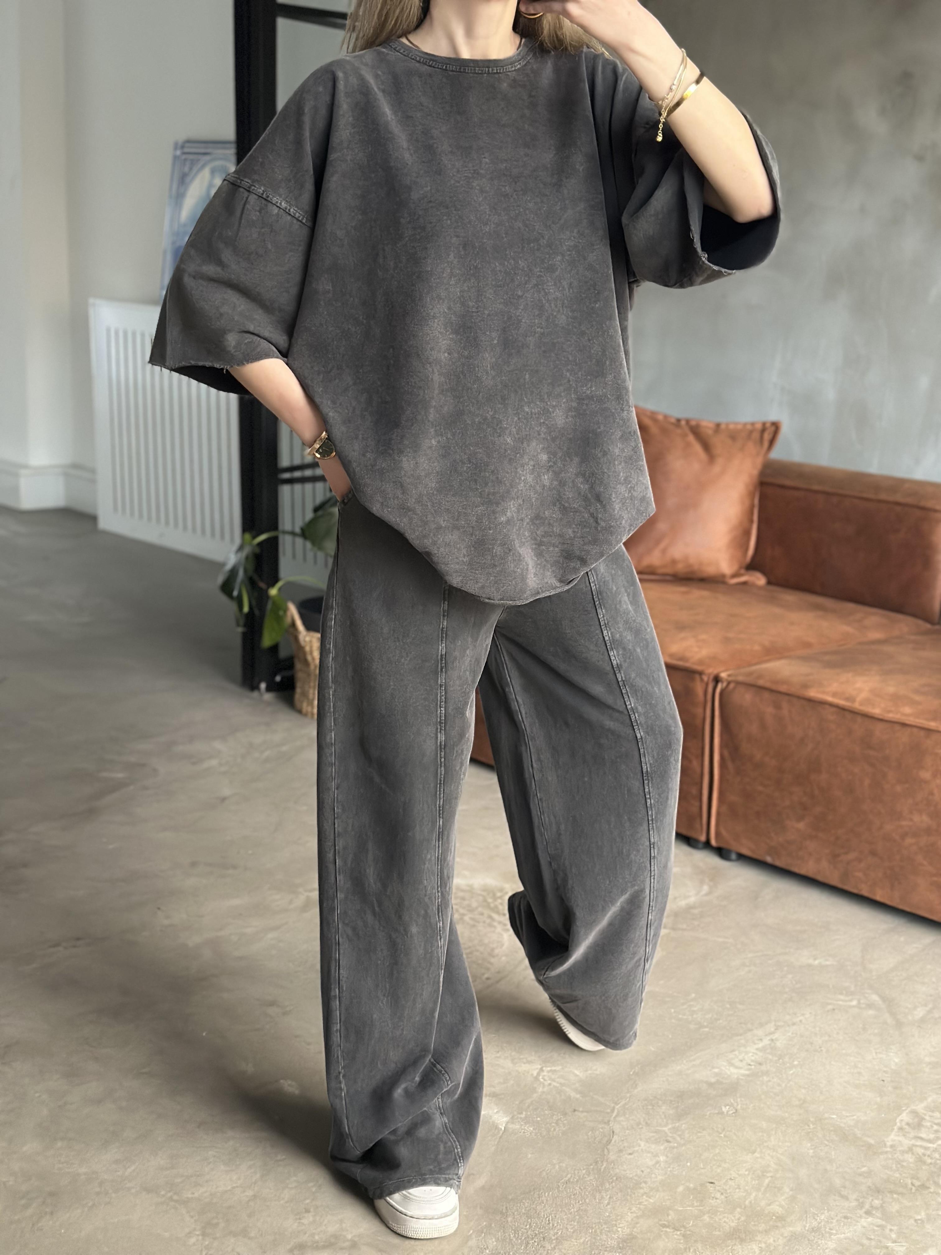Unisex Yıkamalı Oversize Kısa Kollu Takım - Siyah