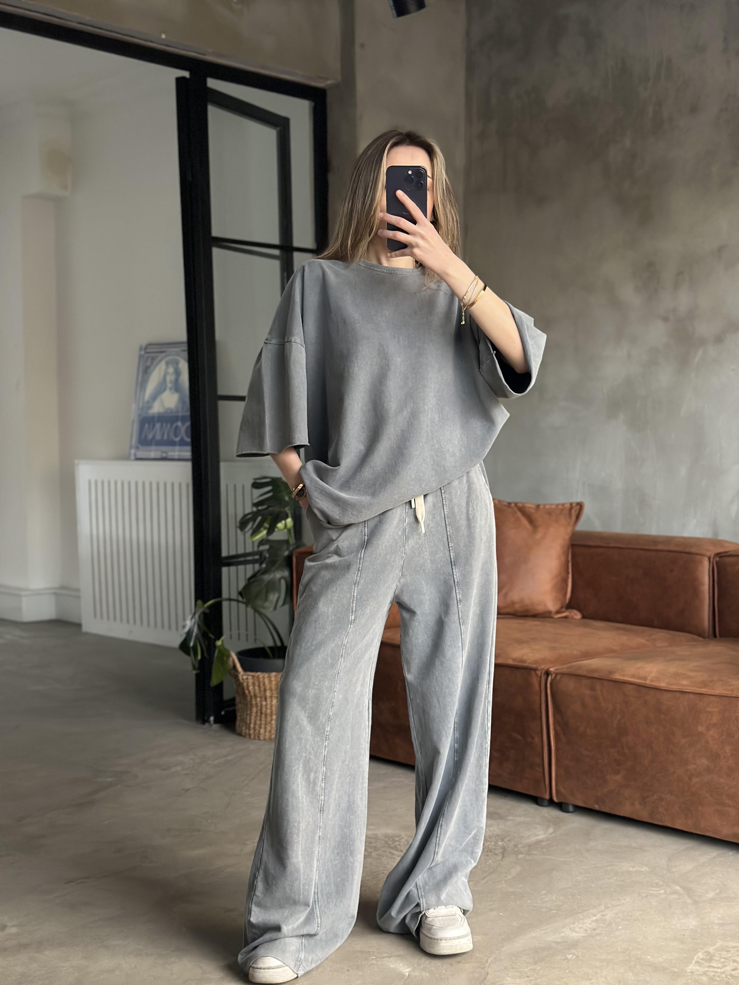 Unisex Yıkamalı Oversize Kısa Kollu Takım - Gri