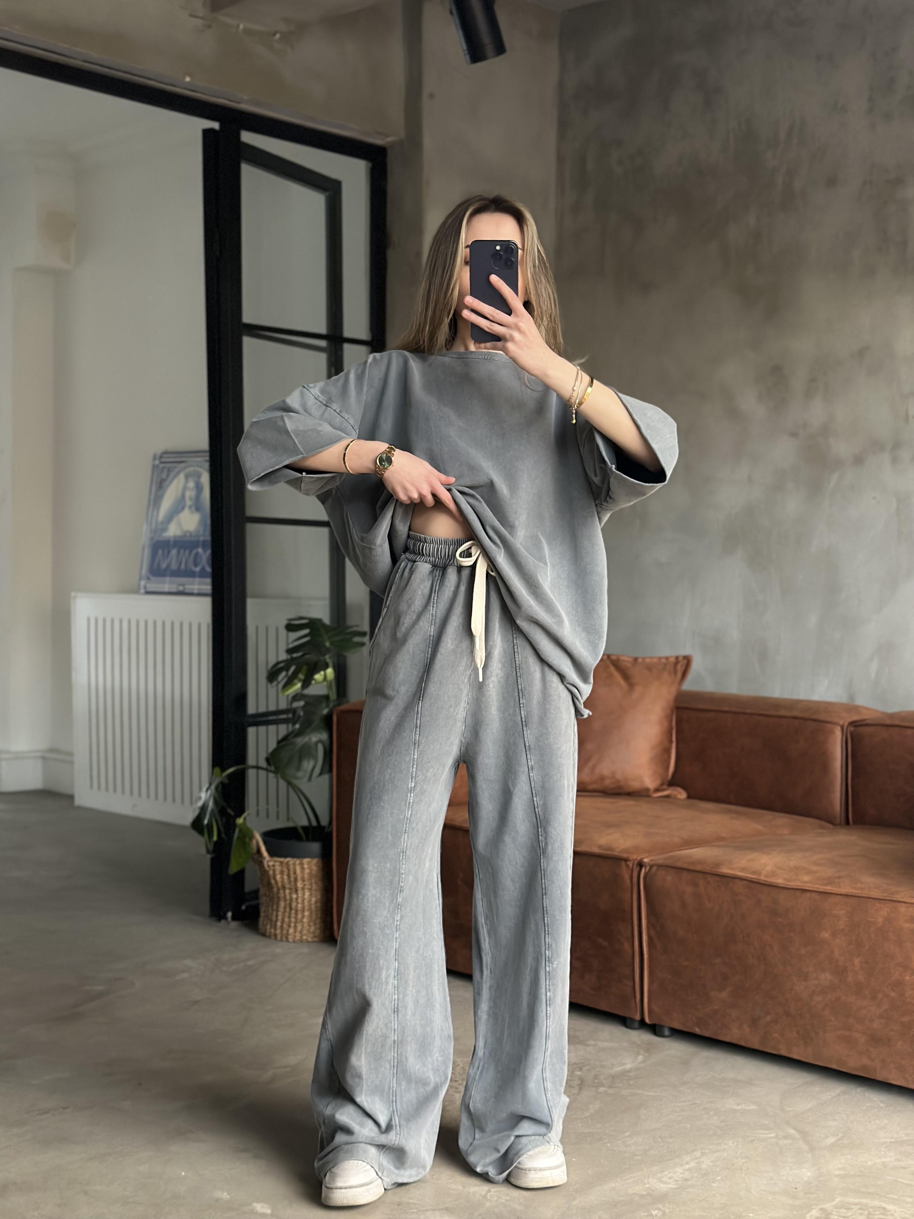 Unisex Yıkamalı Oversize Kısa Kollu Takım - Gri