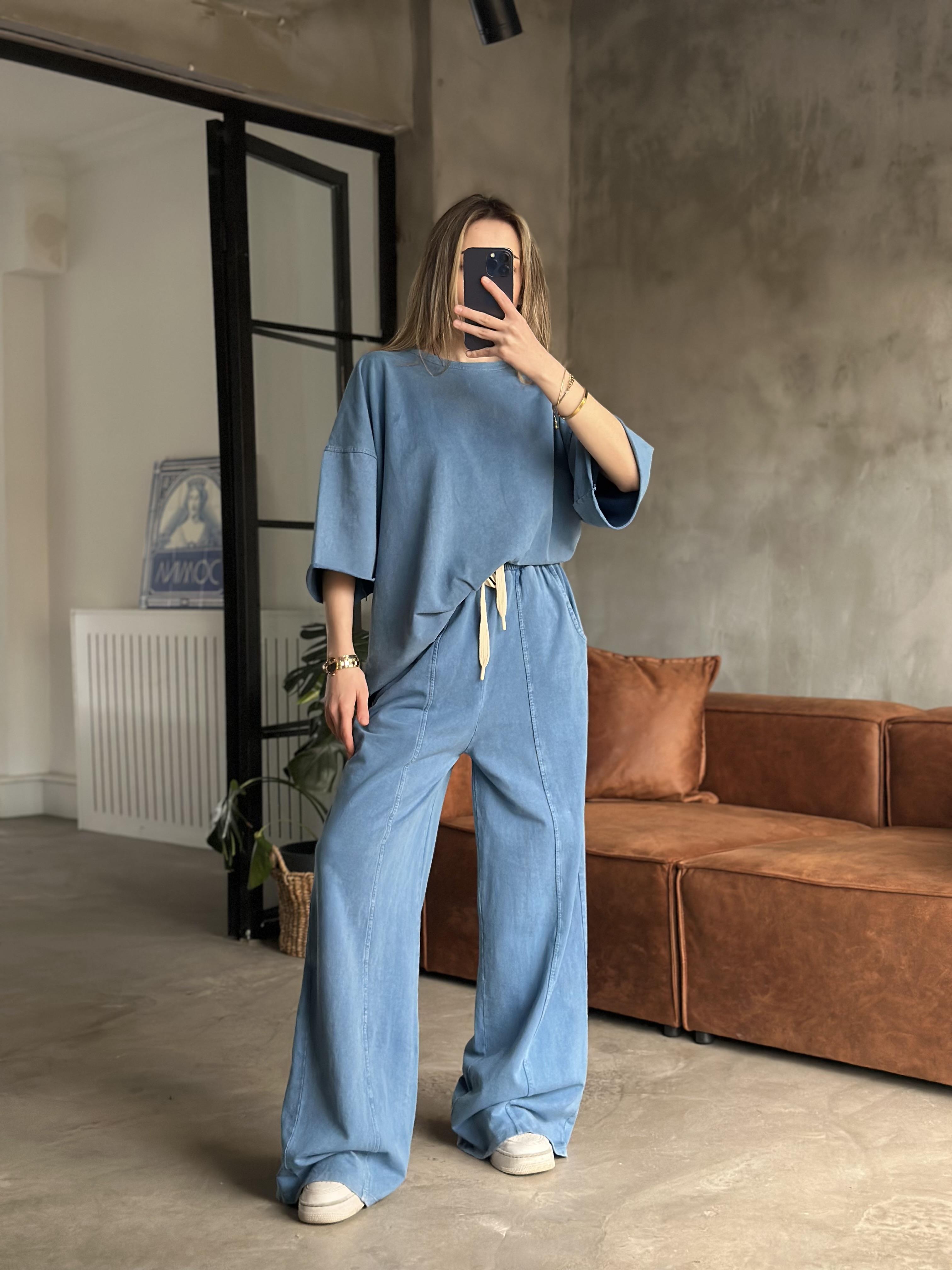 Unisex Yıkamalı Oversize Kısa Kollu Takım - Mavi