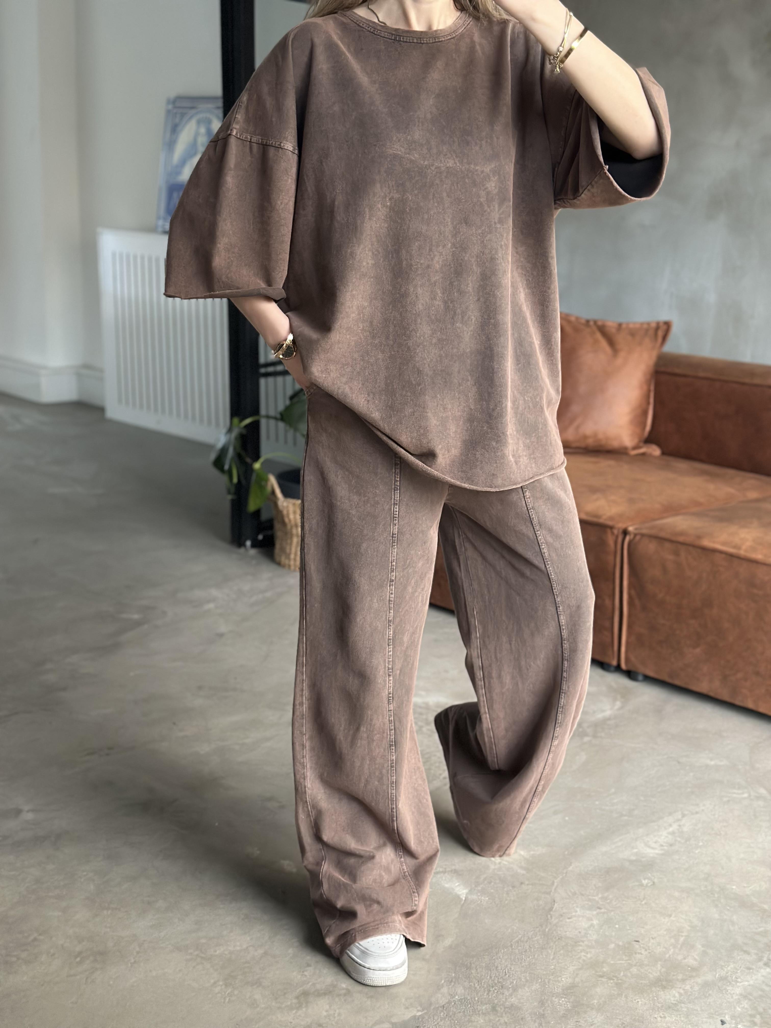 Unisex Yıkamalı Oversize Kısa Kollu Takım - Kahverengi