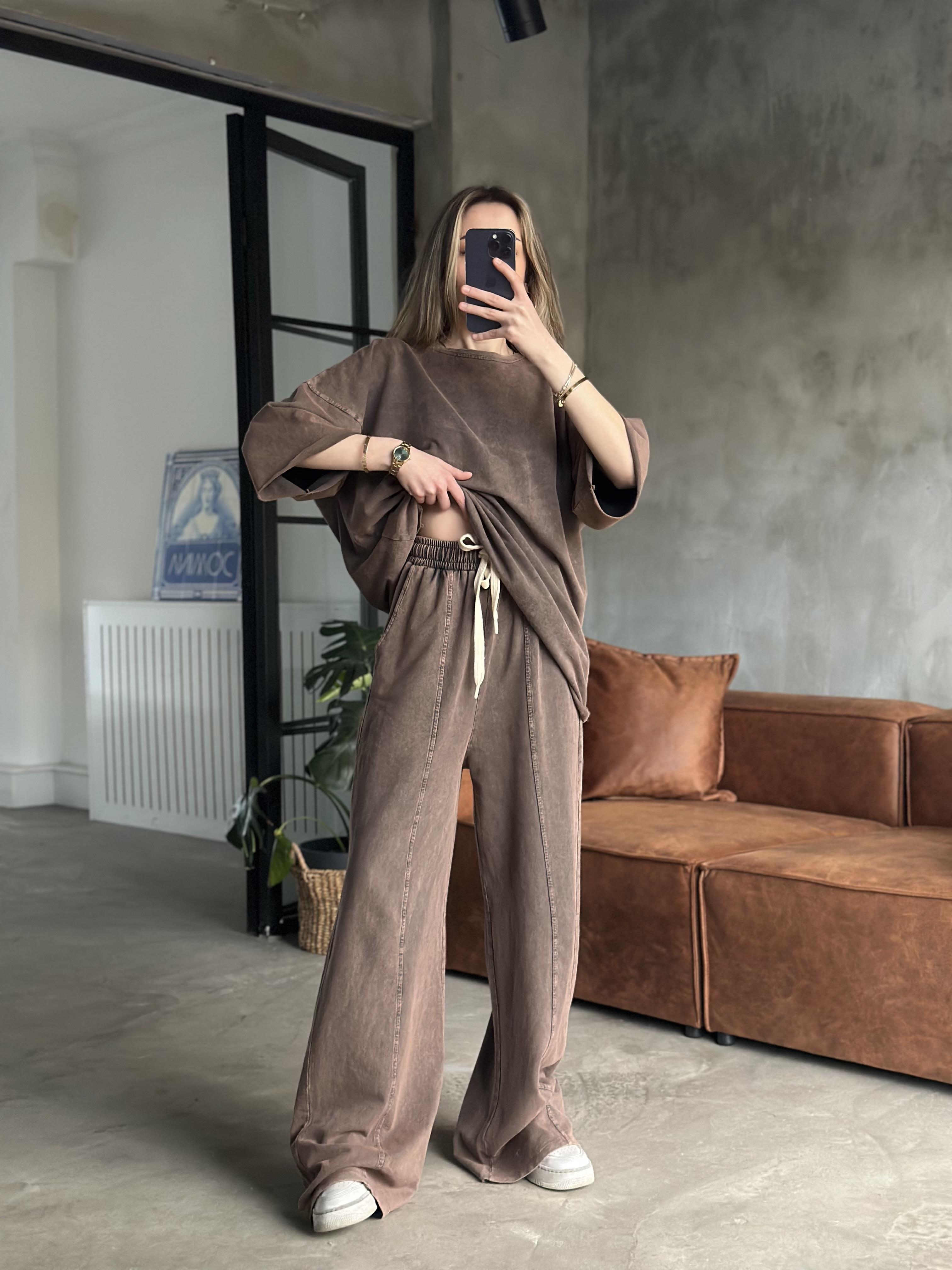 Unisex Yıkamalı Oversize Kısa Kollu Takım - Kahverengi